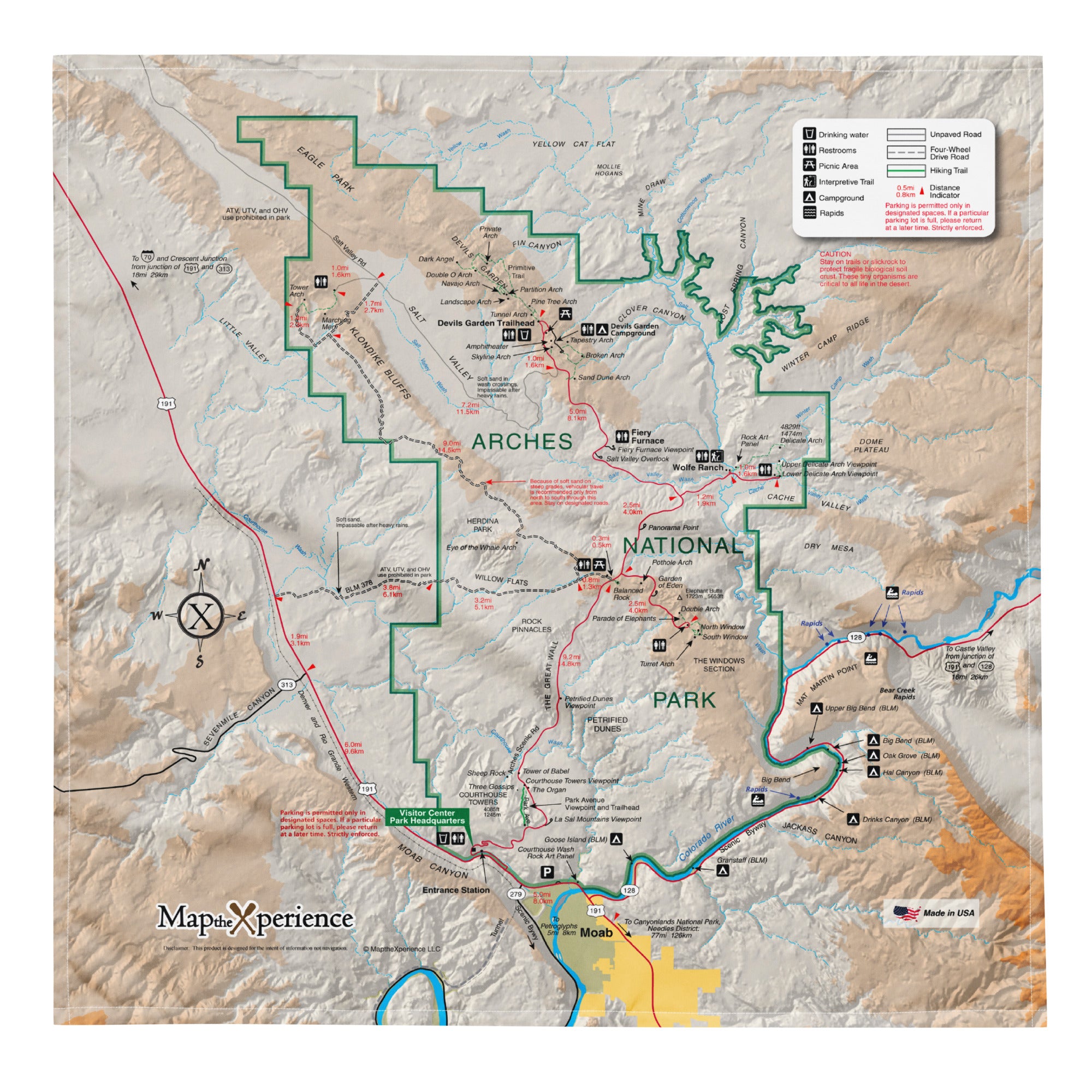 Microfiber bandana with a printed map of Arches National Park