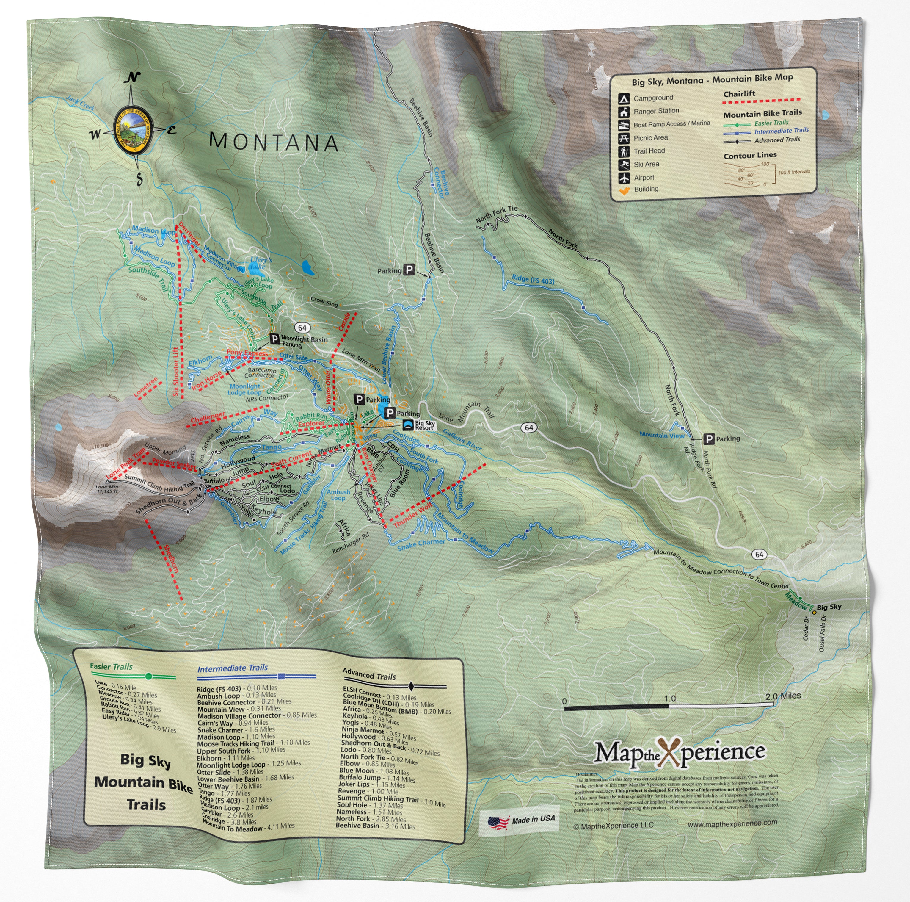 Big Sky, Montana Trails Handy Map Microfiber Bandana