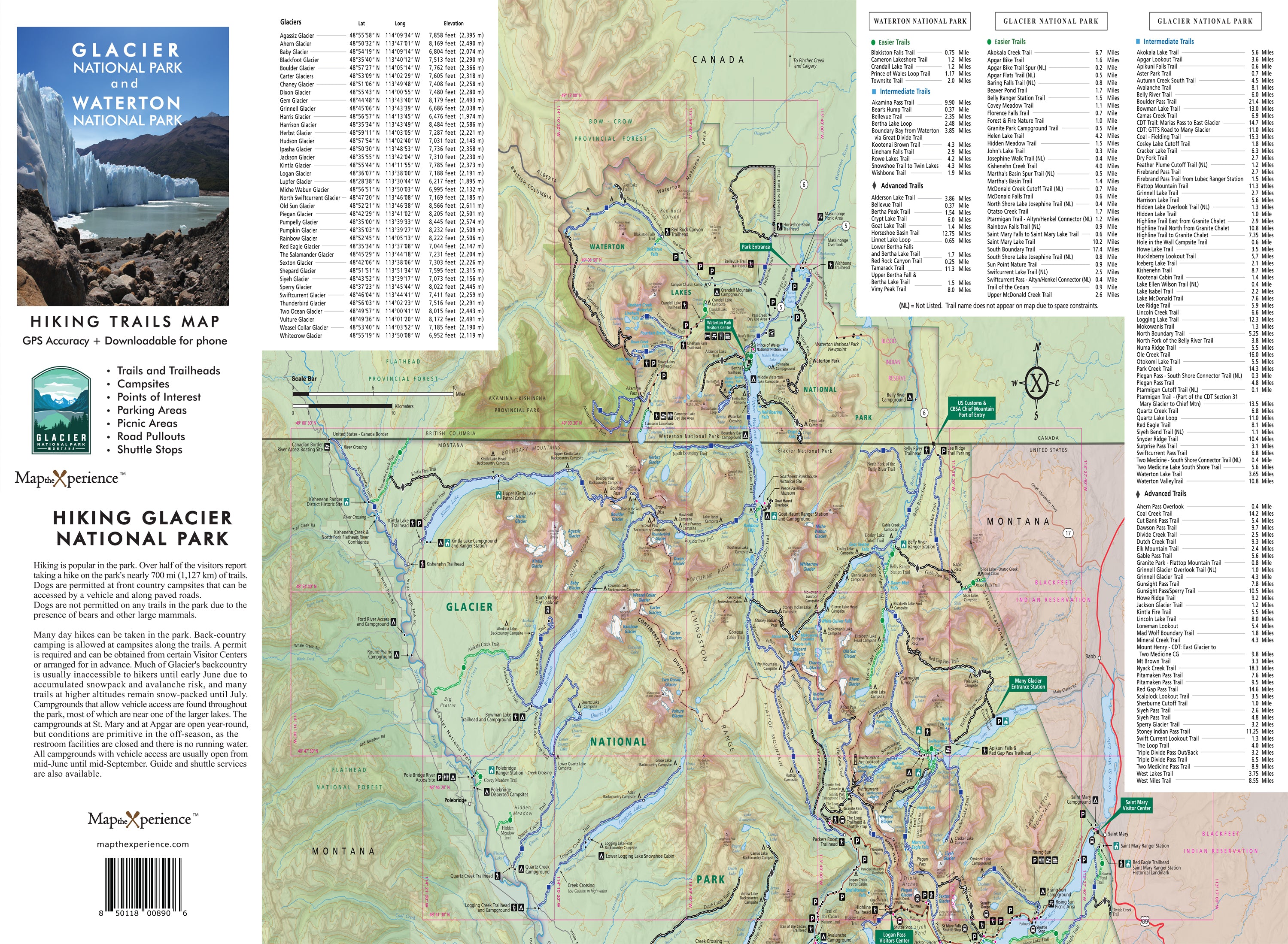 Explore Glacier National Park with this detailed topographic trail map featuring GPS coordinates, hiking routes, and points of interest—essential for outdoor enthusiasts.