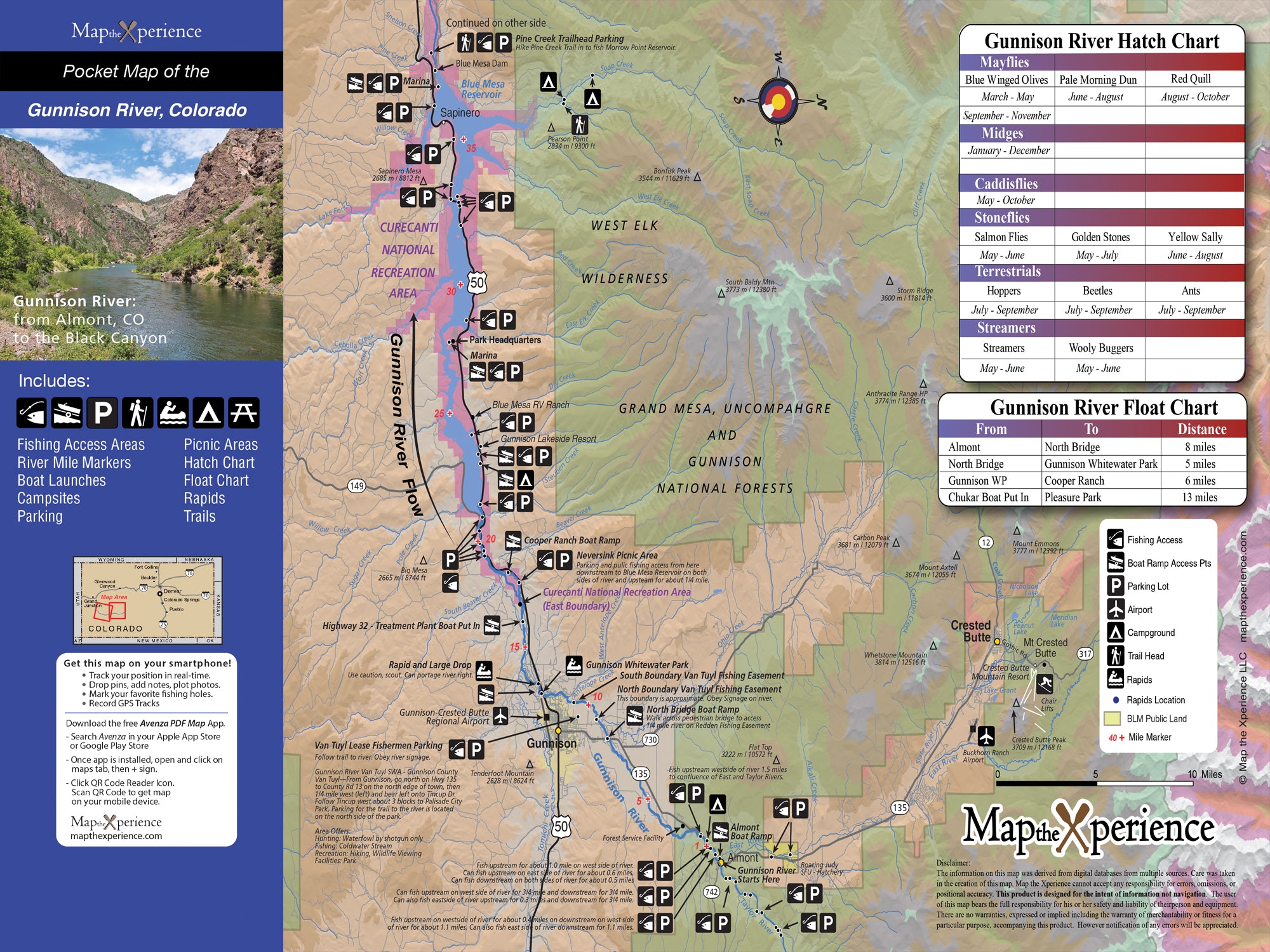 A detailed map of the Gunnison River area in Colorado, highlighting fishing access points, with a pocket-sized design.