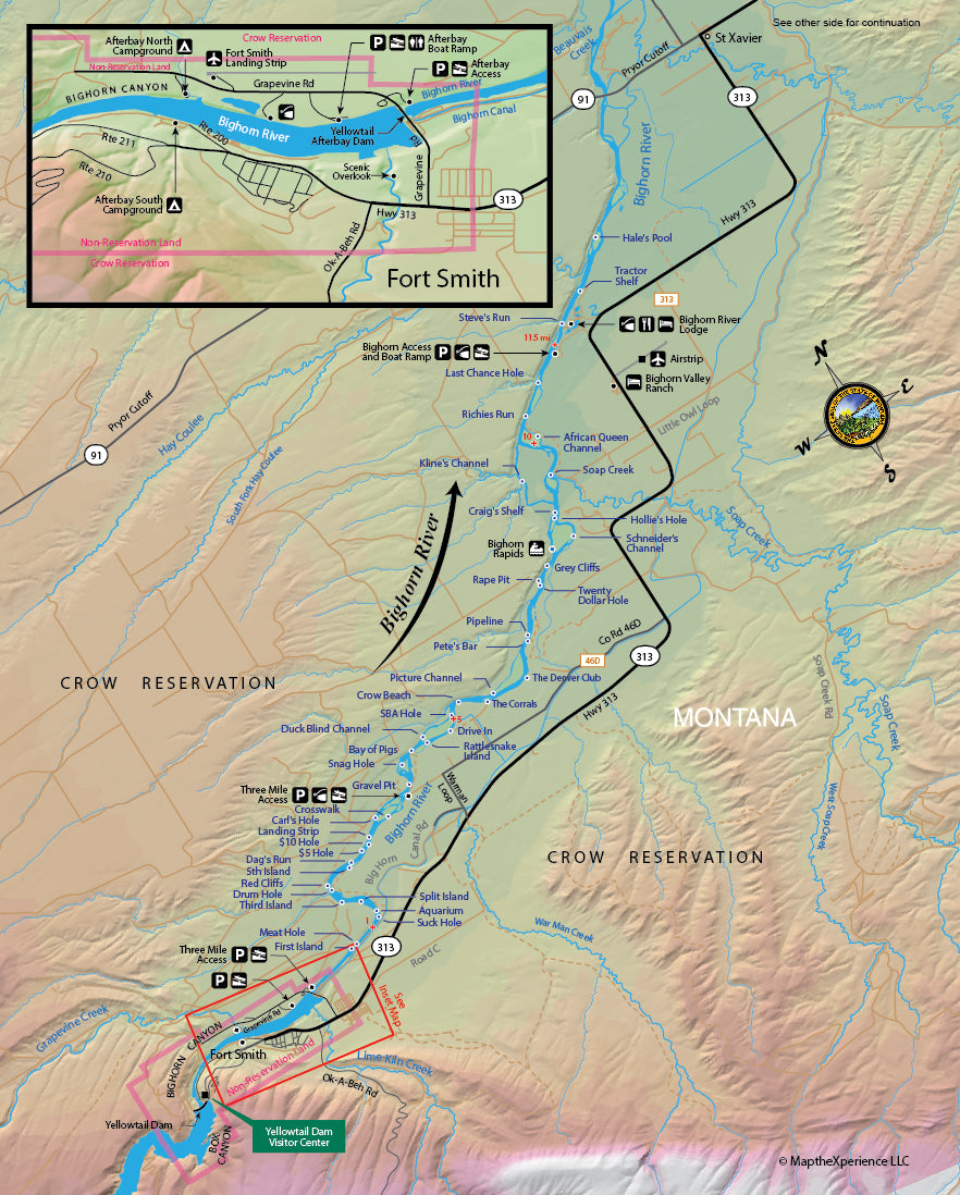 A detailed map of the Bighorn River in Montana, highlighting fishing access points, river miles, boat ramps, and trout runs with a inset showing Fort Smith. The map is designed for mobile use with GPS capabilities.