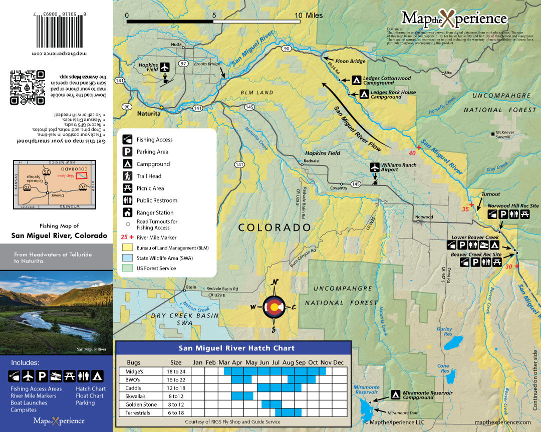 A pocket-sized map titled 'San Miguel River Colorado Fly Fishing Pocket Map' showing contours and water bodies, with a QR code and additional product information on the upper left corner.
