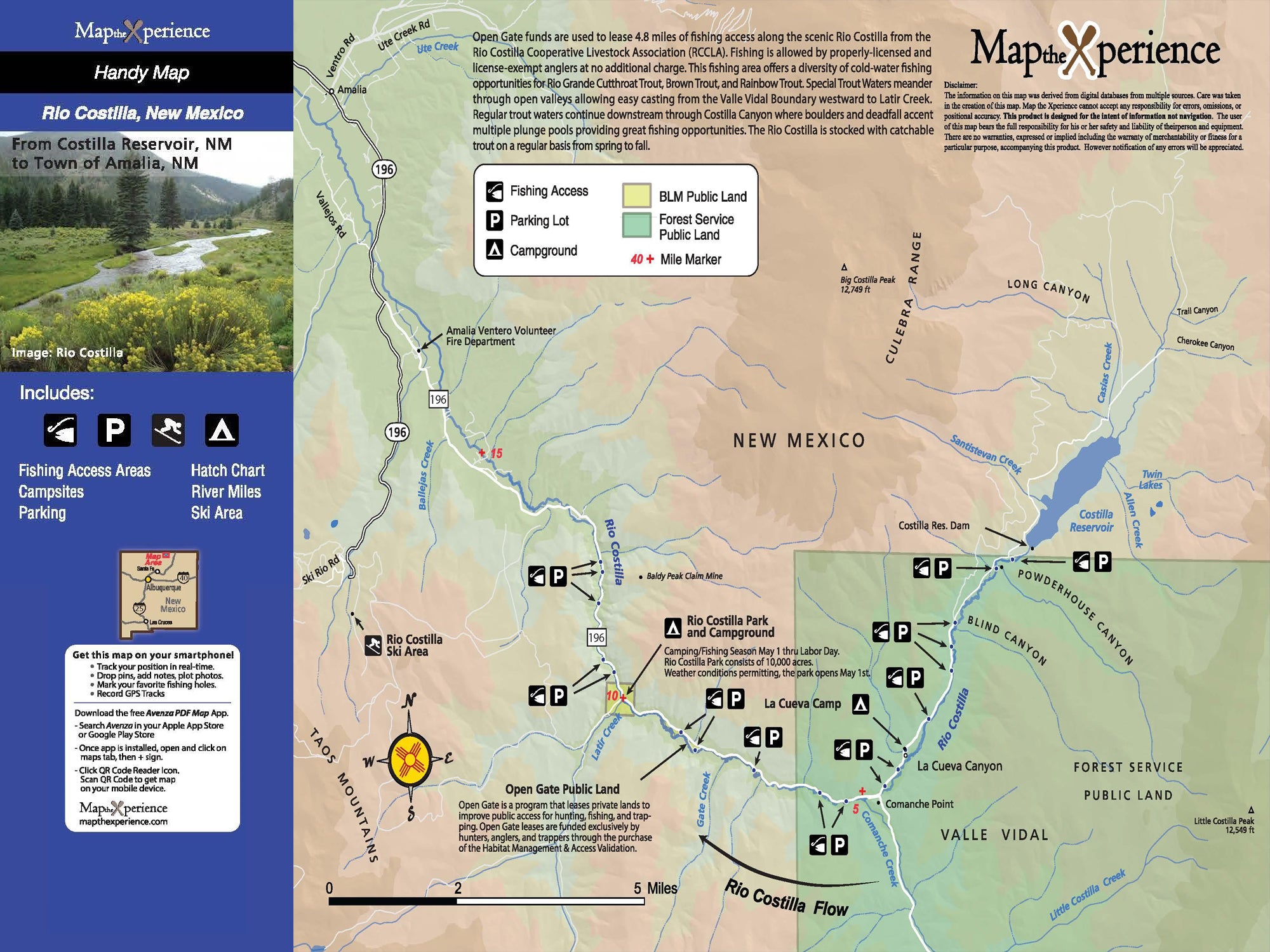A detailed map showcasing the Rio Costilla River area in New Mexico, highlighting fishing access points, trails, and campgrounds.