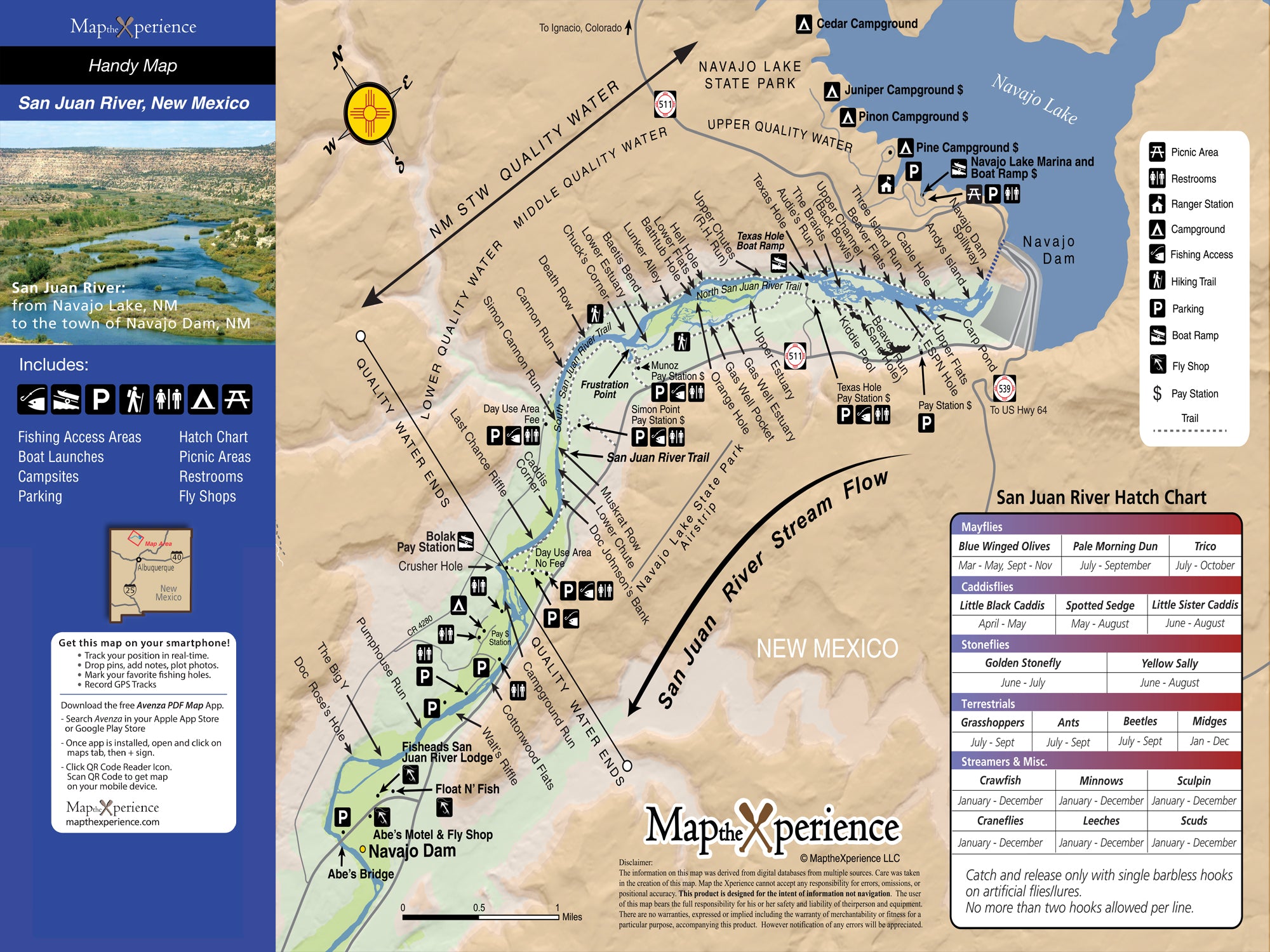 A pocket-sized waterproof fly fishing map for the San Juan River in New Mexico, featuring detailed information on fishing access points, river miles, wading zones, boat ramps, and prime trout runs.