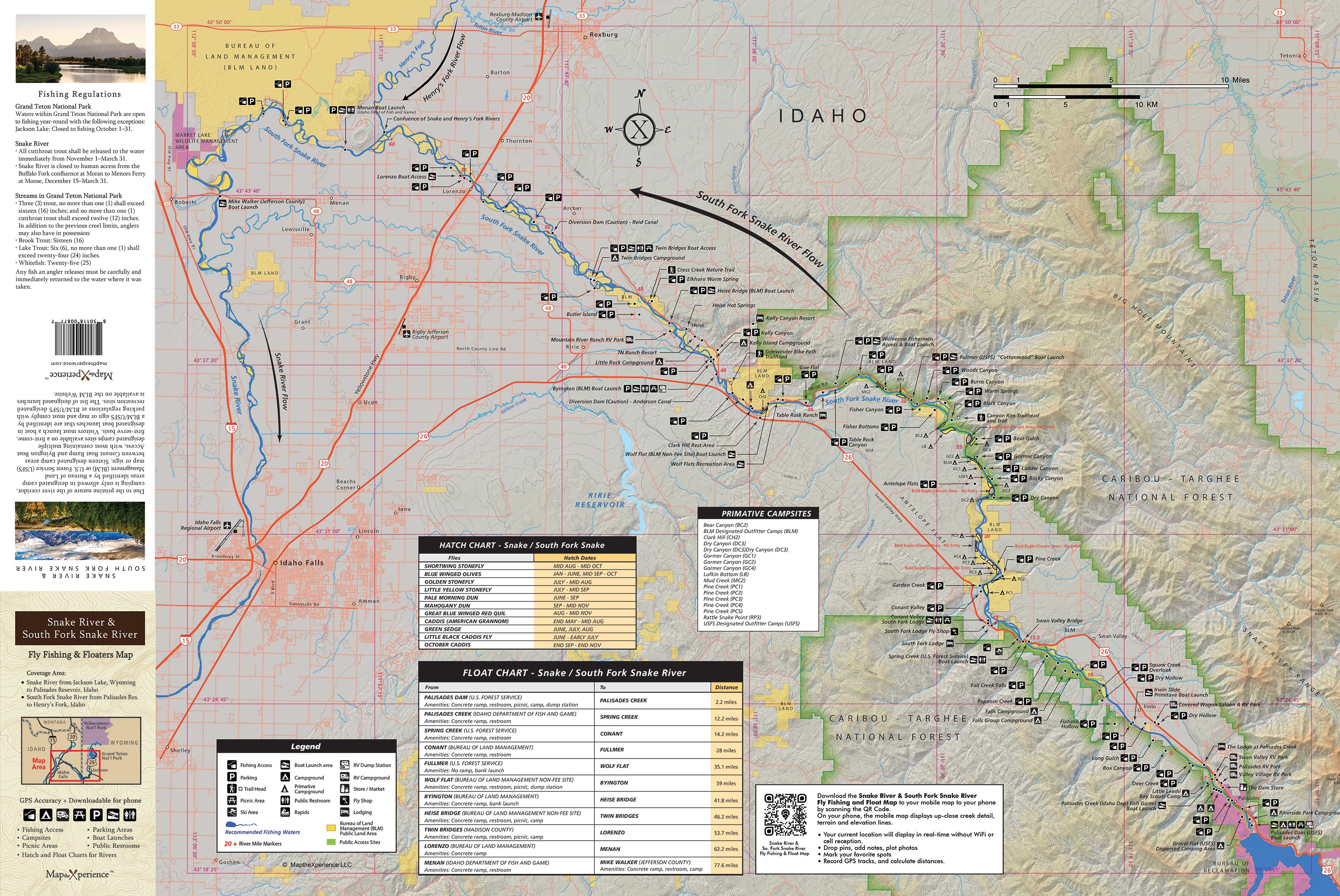 A double-sided, GPS-accurate map covering the Snake River and South Fork Snake River, detailing fishing and floating areas with an inset of Idaho. The map includes marked locations for boat ramps, take-outs, parking, and camping.