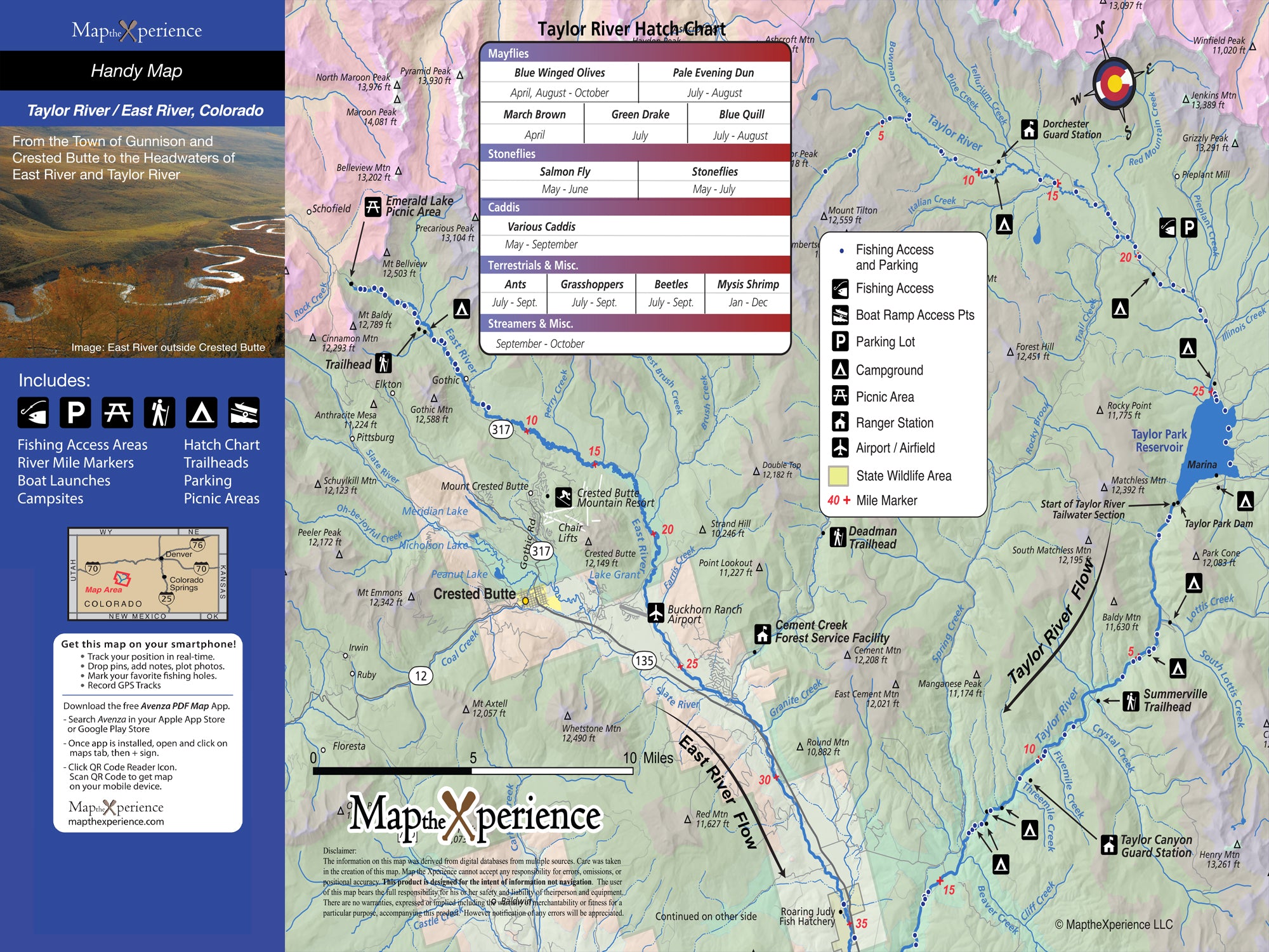 A detailed map of the Taylor River in Colorado, highlighting fishing access points, trails, and other features. The map is pocket-sized and includes a mobile map version.
