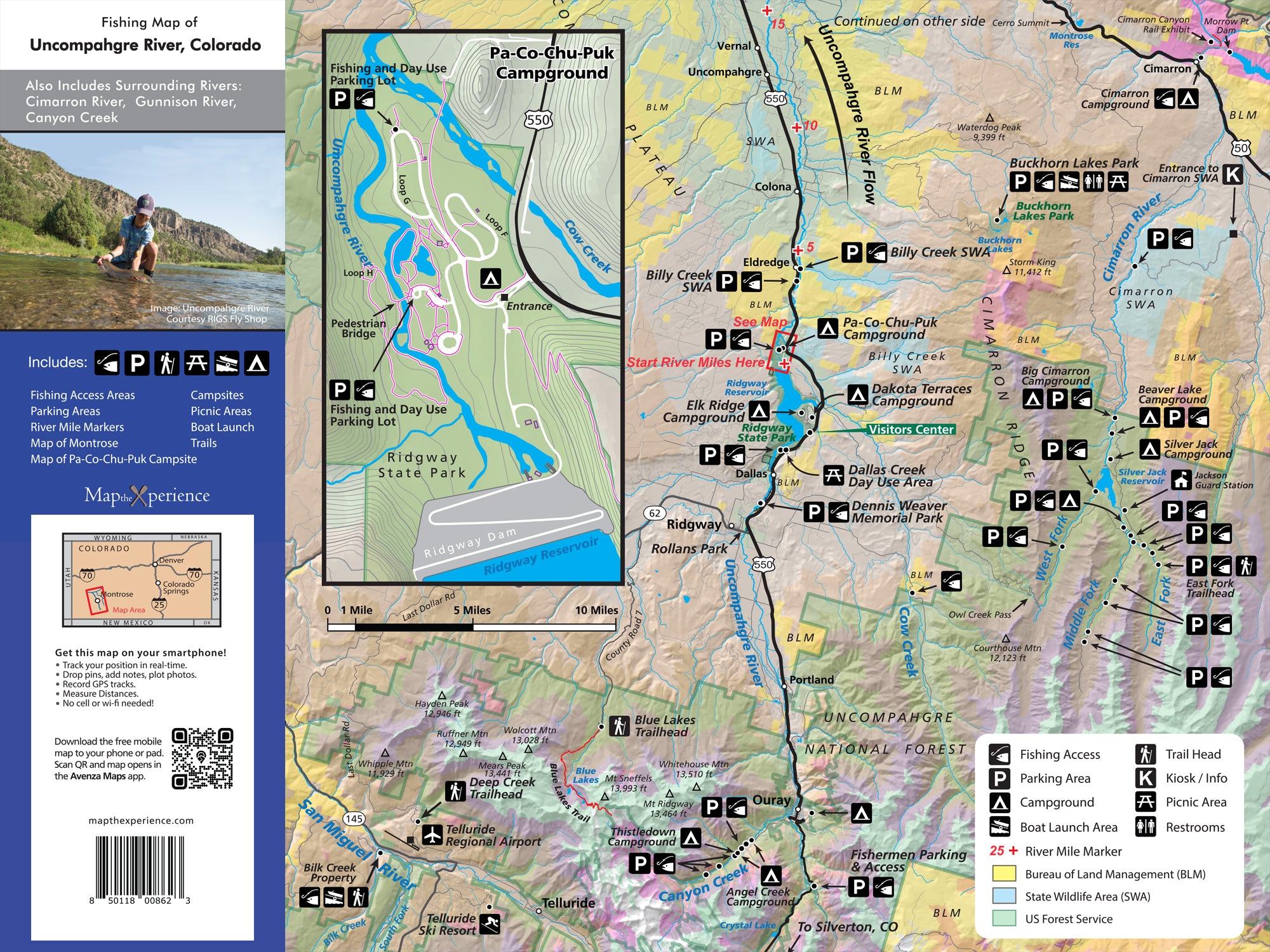 A detailed map of the Uncompahgre River in Colorado, highlighting fishing access points, trails, and boat ramps, with an inset of a mobile map app.