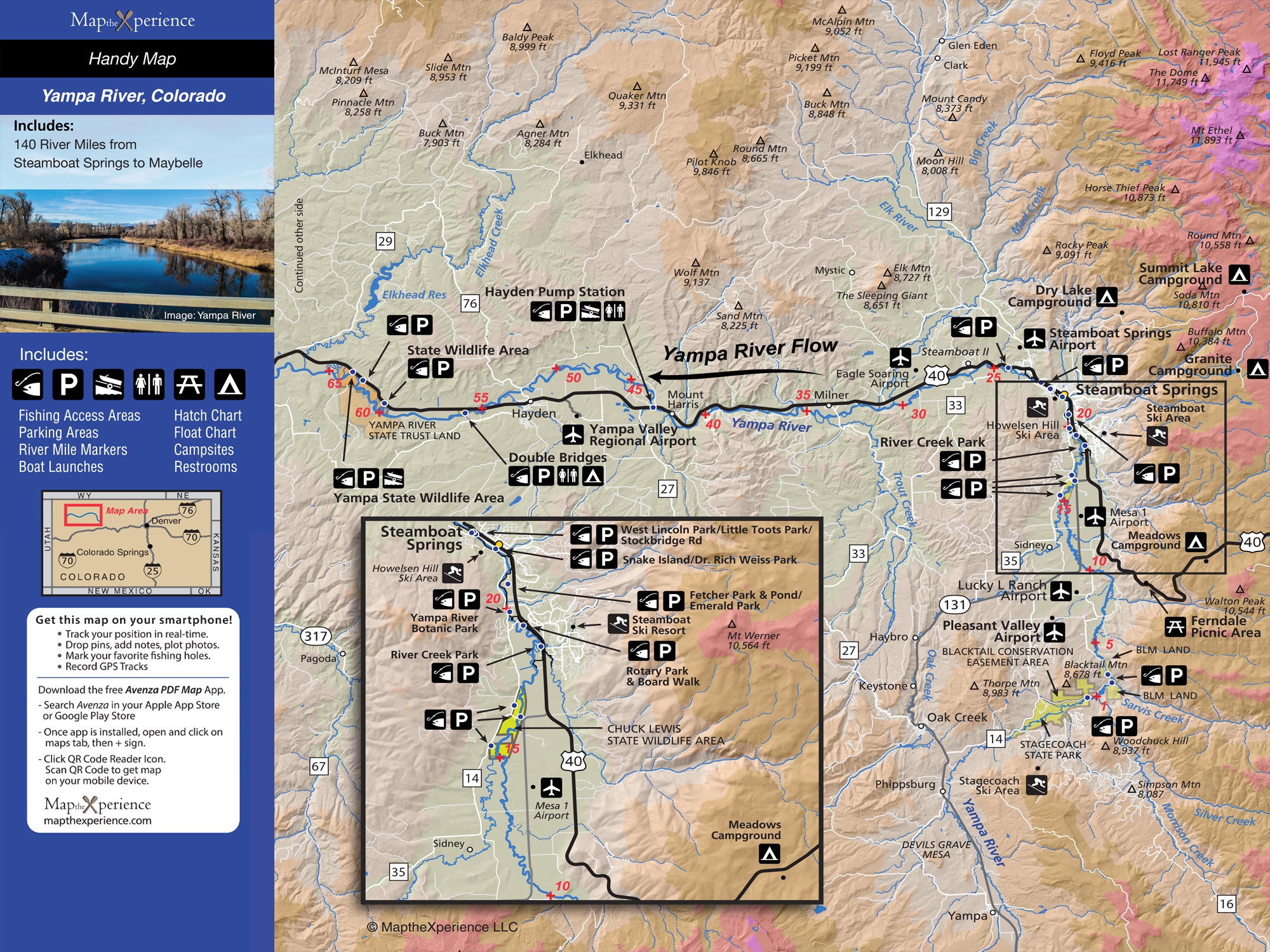 A detailed map of the Yampa River area in Colorado, highlighting fishing access points, with a section on the left showing a close-up of the map's details and features.