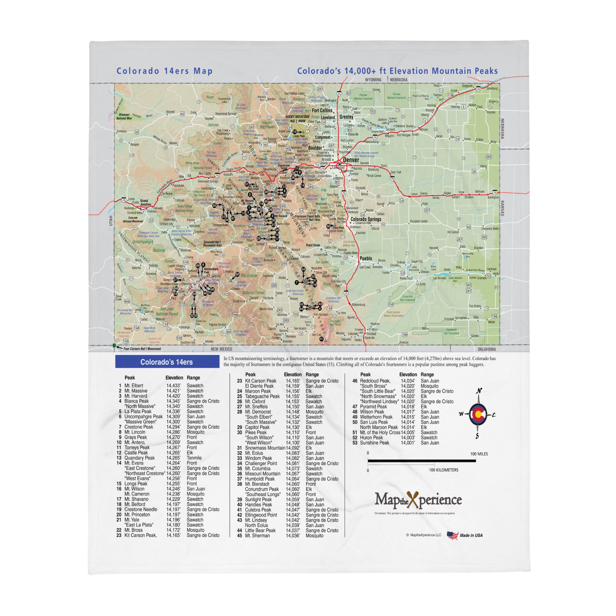 Colorado 14er's Map Fleece Throw Blanket