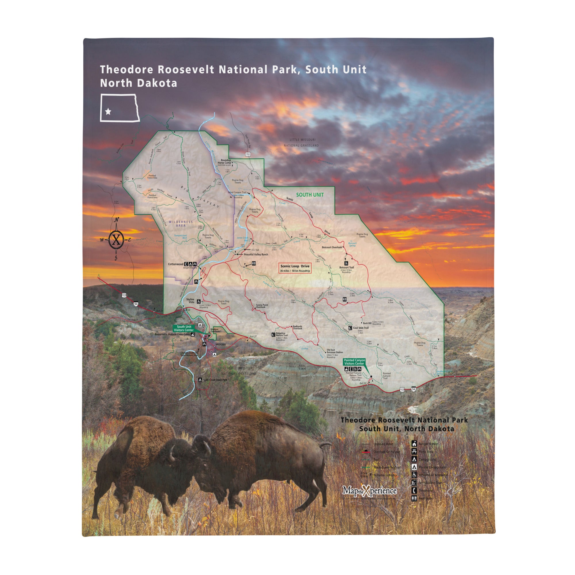 Theodore Roosevelt National Park South Map Fleece Throw Blanket