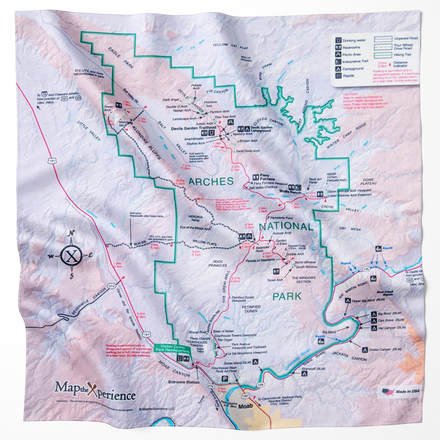 A detailed map of Arches National Park featuring trails, landmarks, and amenities for outdoor enthusiasts planning a visit to this iconic destination.