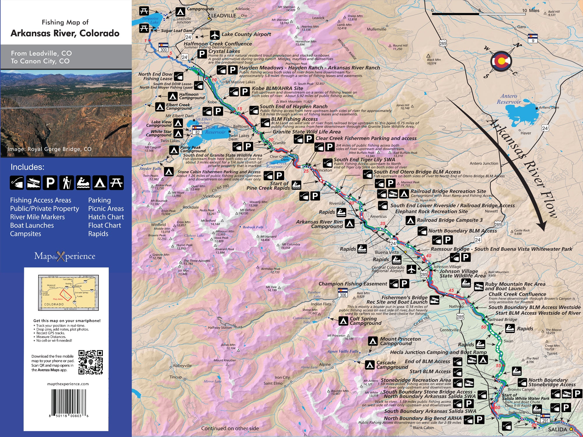 A pocket-sized paper map focused on the Arkansas River in Colorado, detailing fishing access points, river miles, boat launches, and trout waters. The map is colorful, marked with various symbols and includes a QR code for a mobile version.