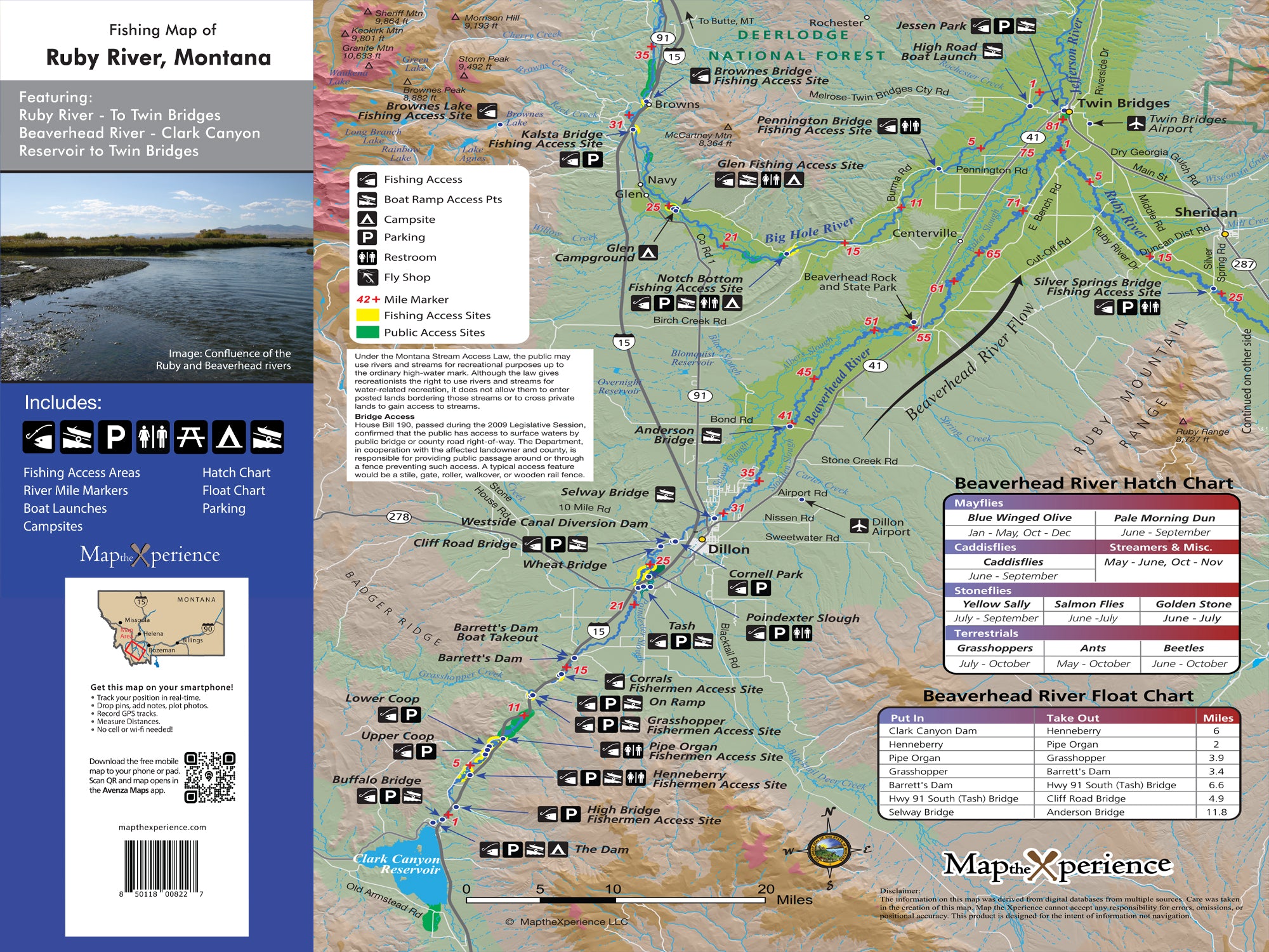 A detailed map of the Beaverhead River in Montana, highlighting fishing access points, with an inset of the Ruby River. The map includes a mobile map app, GPS-compatible, and details such as boat ramps and trout zones.