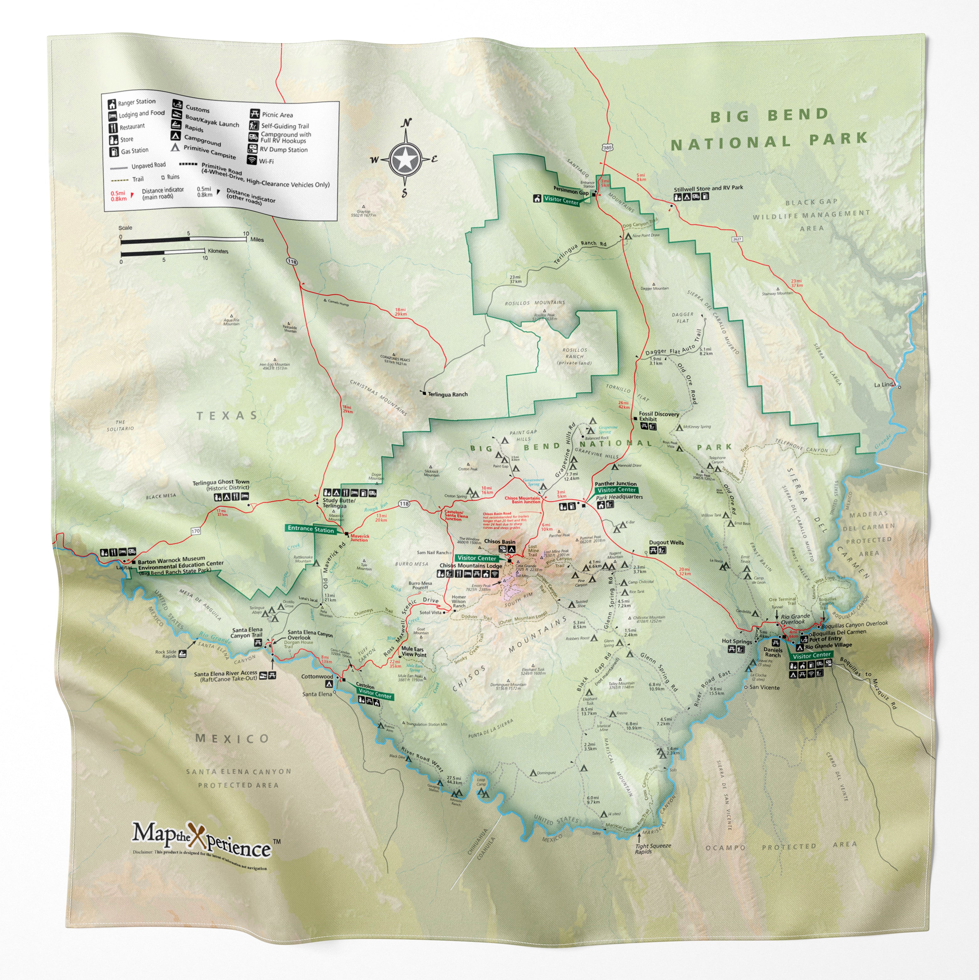 A microfiber bandana with a printed map of Big Bend National Park, laid out flat.