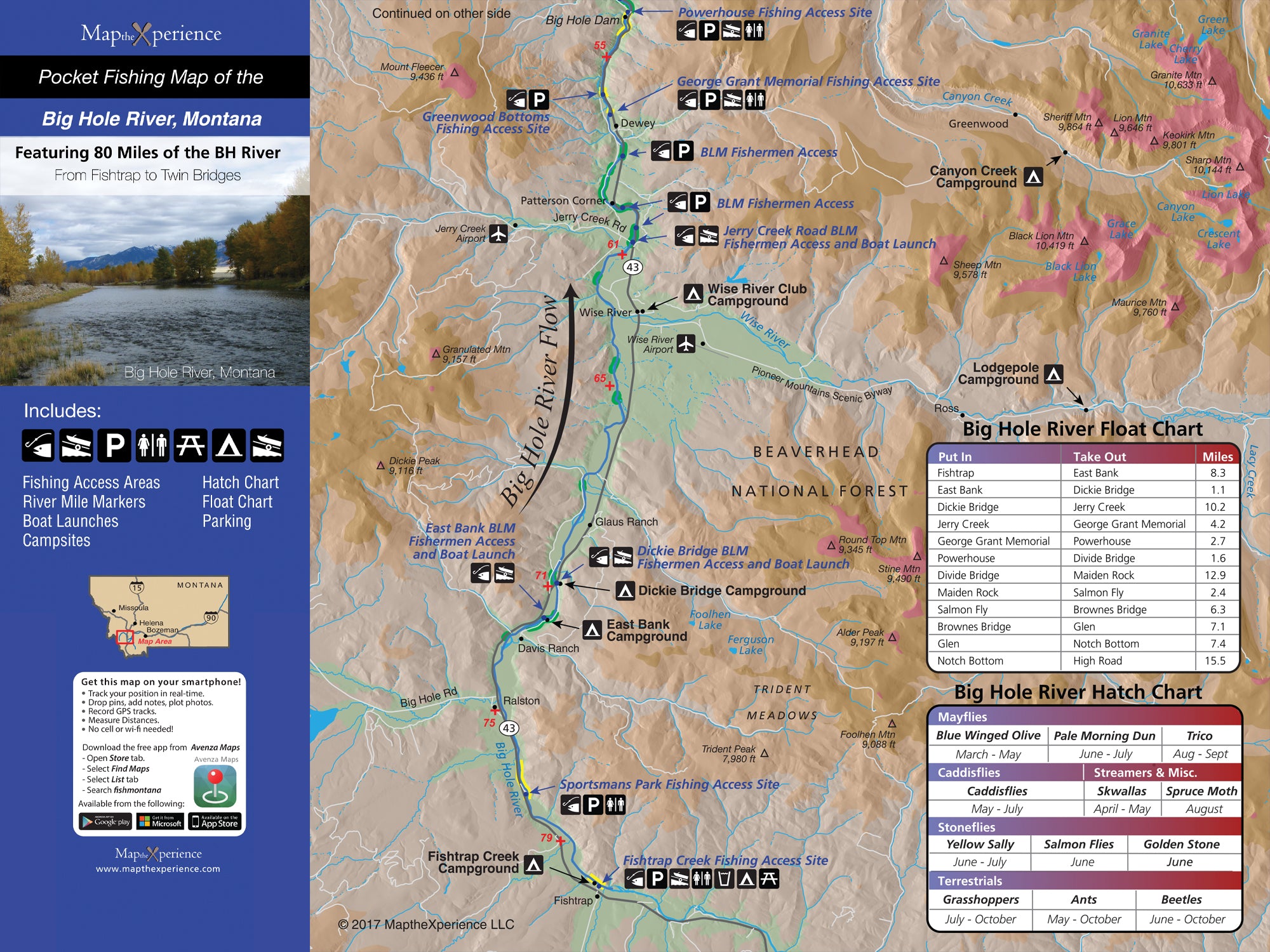 A detailed map of the Big Hole River in Montana, highlighting fishing access points, with an inset of a mobile map chart.