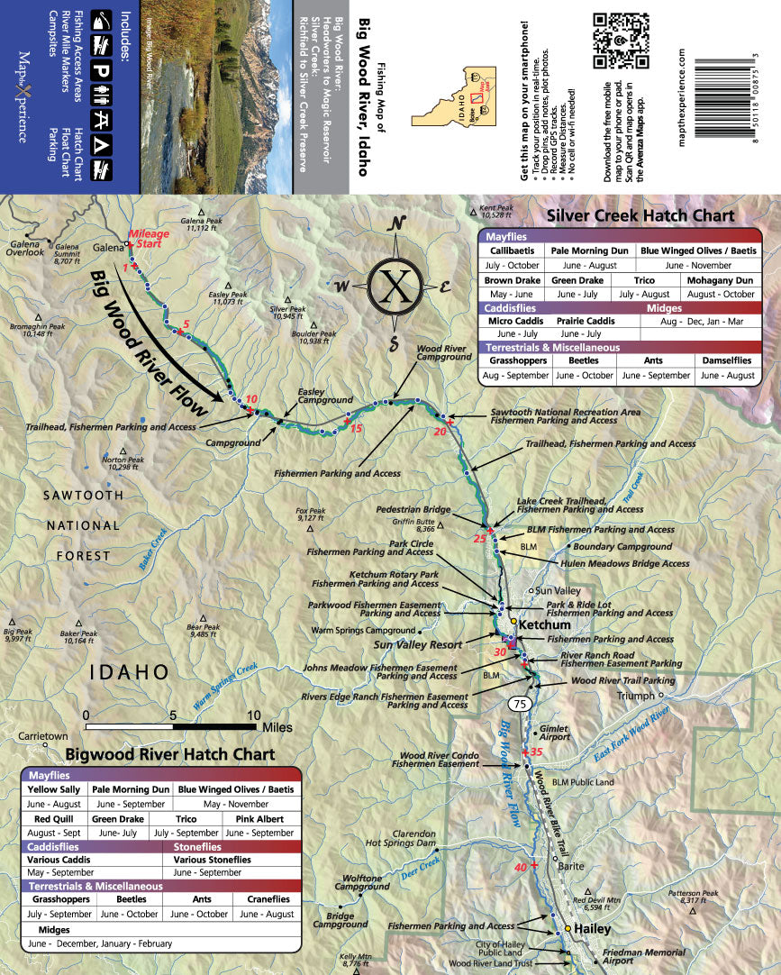 A detailed map of the Big Wood River in Idaho, showing fishing access points, river miles, boat ramps, and prime trout runs. The map is pocket-sized and includes a mobile map guide.