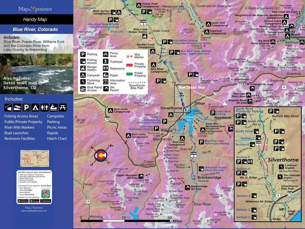 A detailed map of the Blue River in Colorado, highlighting public fishing access points, river miles, trailheads, and prime trout runs. The map is pocket-sized and includes a mobile map for GPS navigation.
