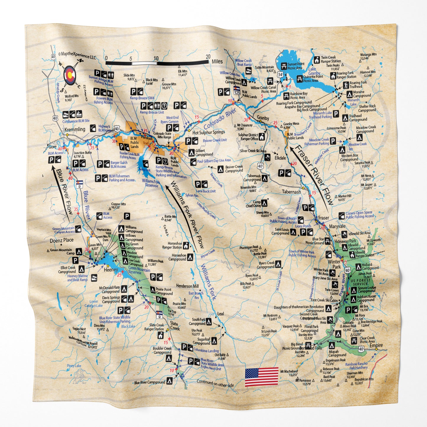 Williams Fork River, Colorado Microfiber Map Bandana