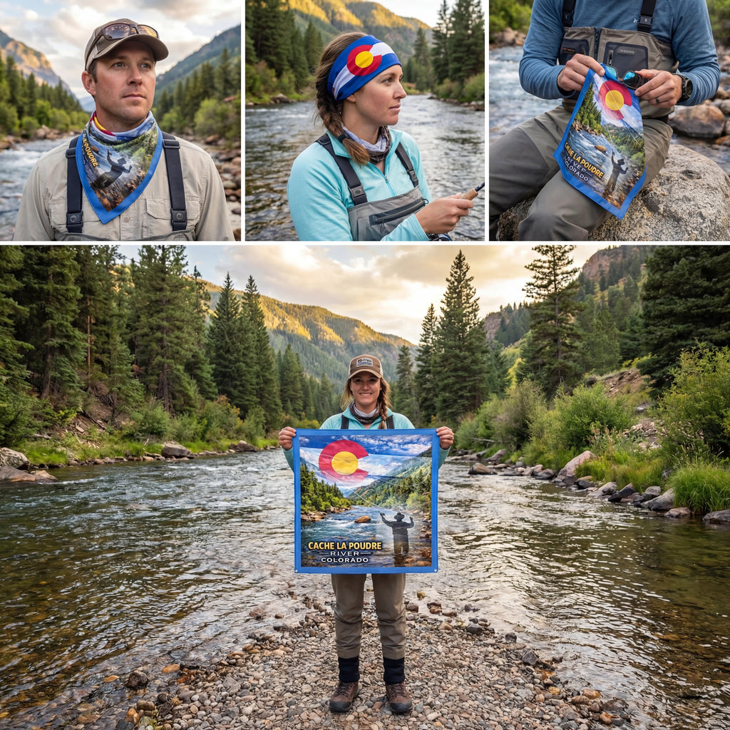 Cache la Poudre River Colorado – Fly Fishing Microfiber Cloth Bandana + Waterproof Map