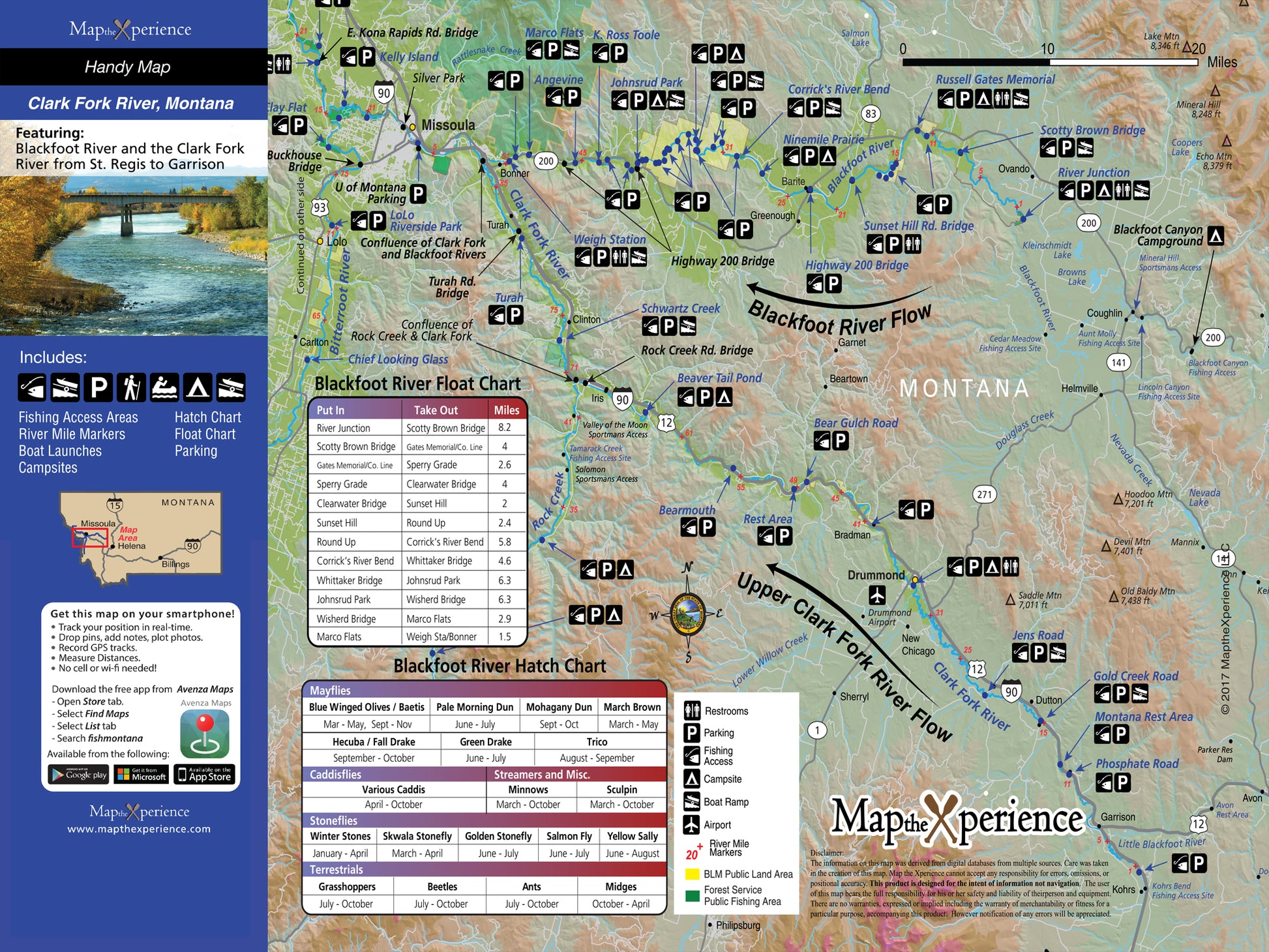 Detailed folding pocket fishing map of the Clark Fork and Blackfoot Rivers in Montana, highlighting access areas, hatch charts, amenities, and GPS markers for anglers.