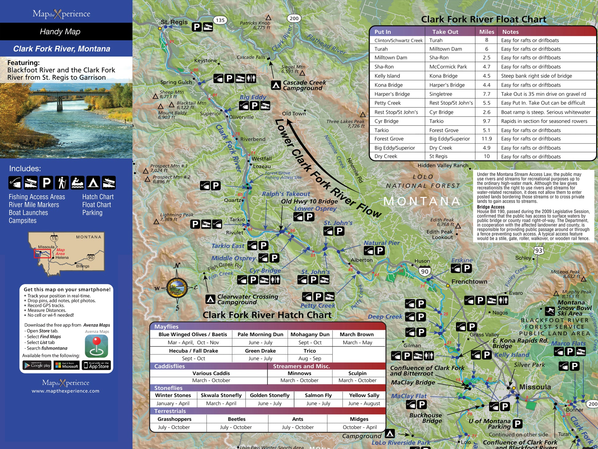 Detailed pocket fishing map for the Clark Fork River in Montana showing rivers, access points, float chart, insect hatch chart, and amenities for anglers with GPS accurate coverage.