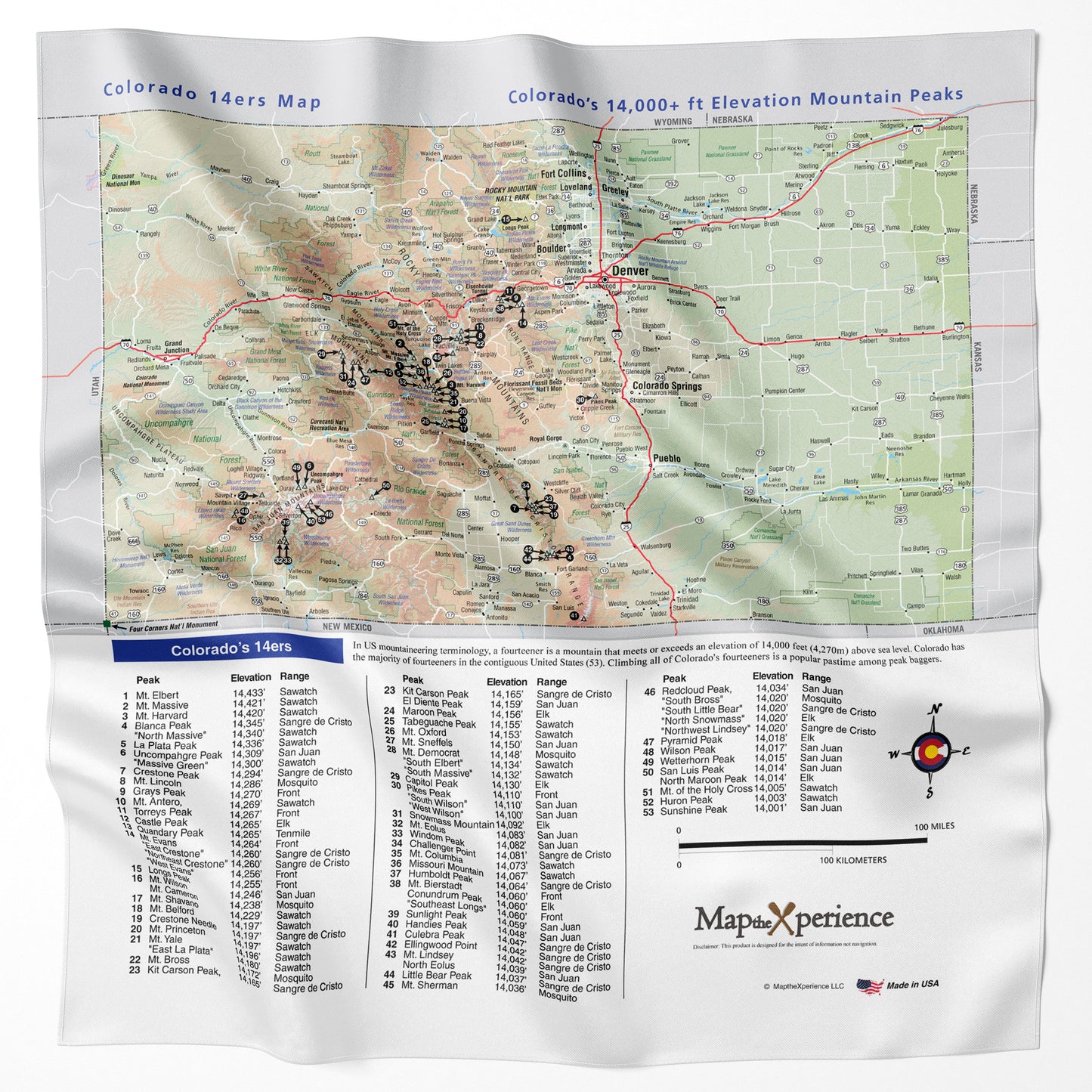 Colorado 14er's Handy Map Microfiber Bandana displaying a detailed map of Colorado's 14,000+ ft mountain peaks with elevation details, handcrafted from high-quality microfiber for durability and versatility.