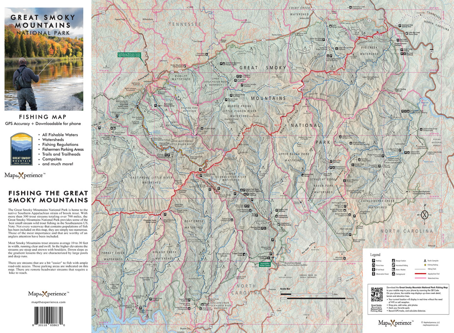 "Explore Great Smoky Mountains National Park with a detailed fishing map featuring GPS accuracy, highlighting accessible fishing waters, trails, and parking areas for an enhanced outdoor experience."