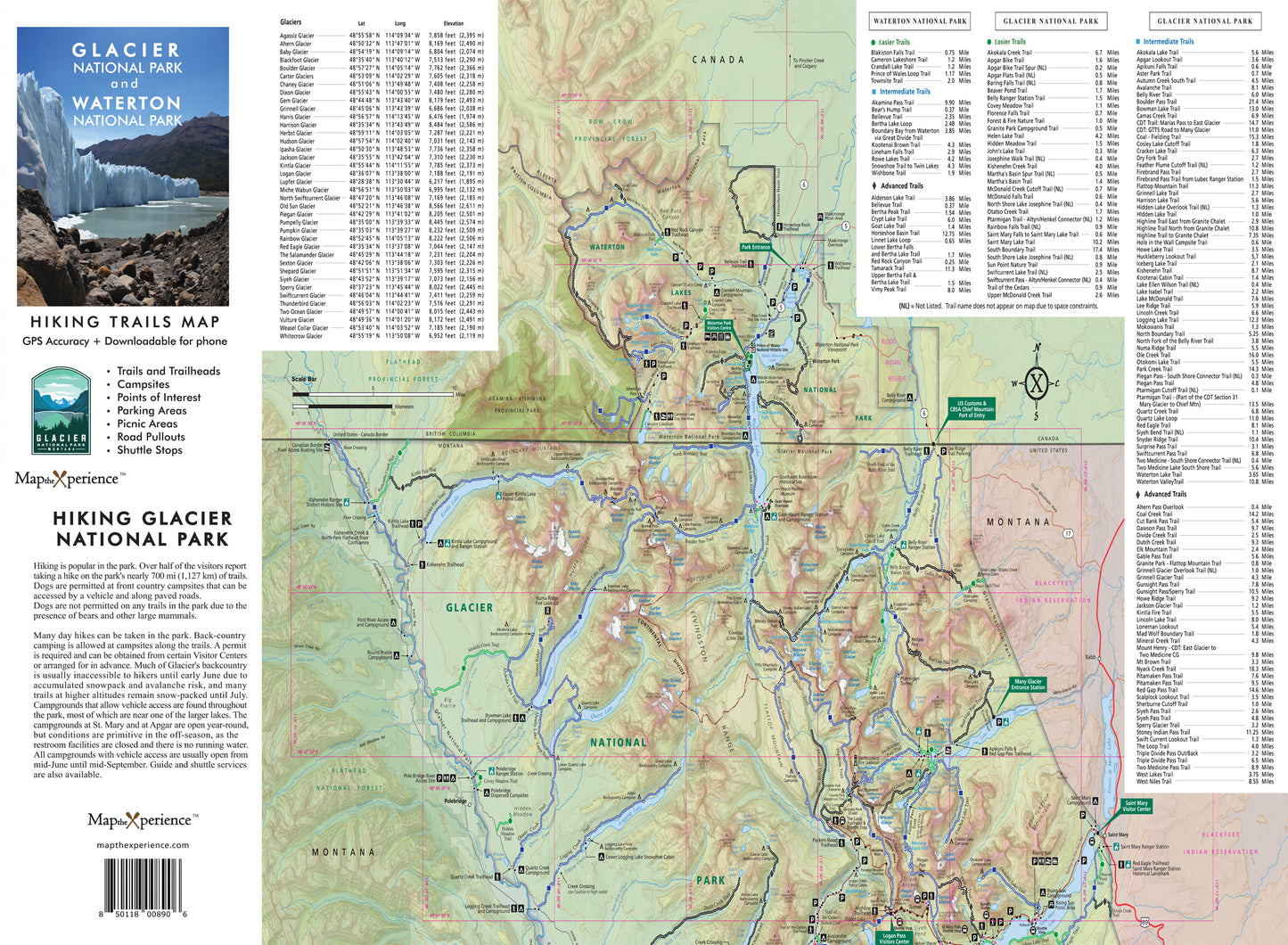 Explore Glacier National Park with this detailed topographic trail map featuring GPS coordinates, hiking routes, and points of interest—essential for outdoor enthusiasts.