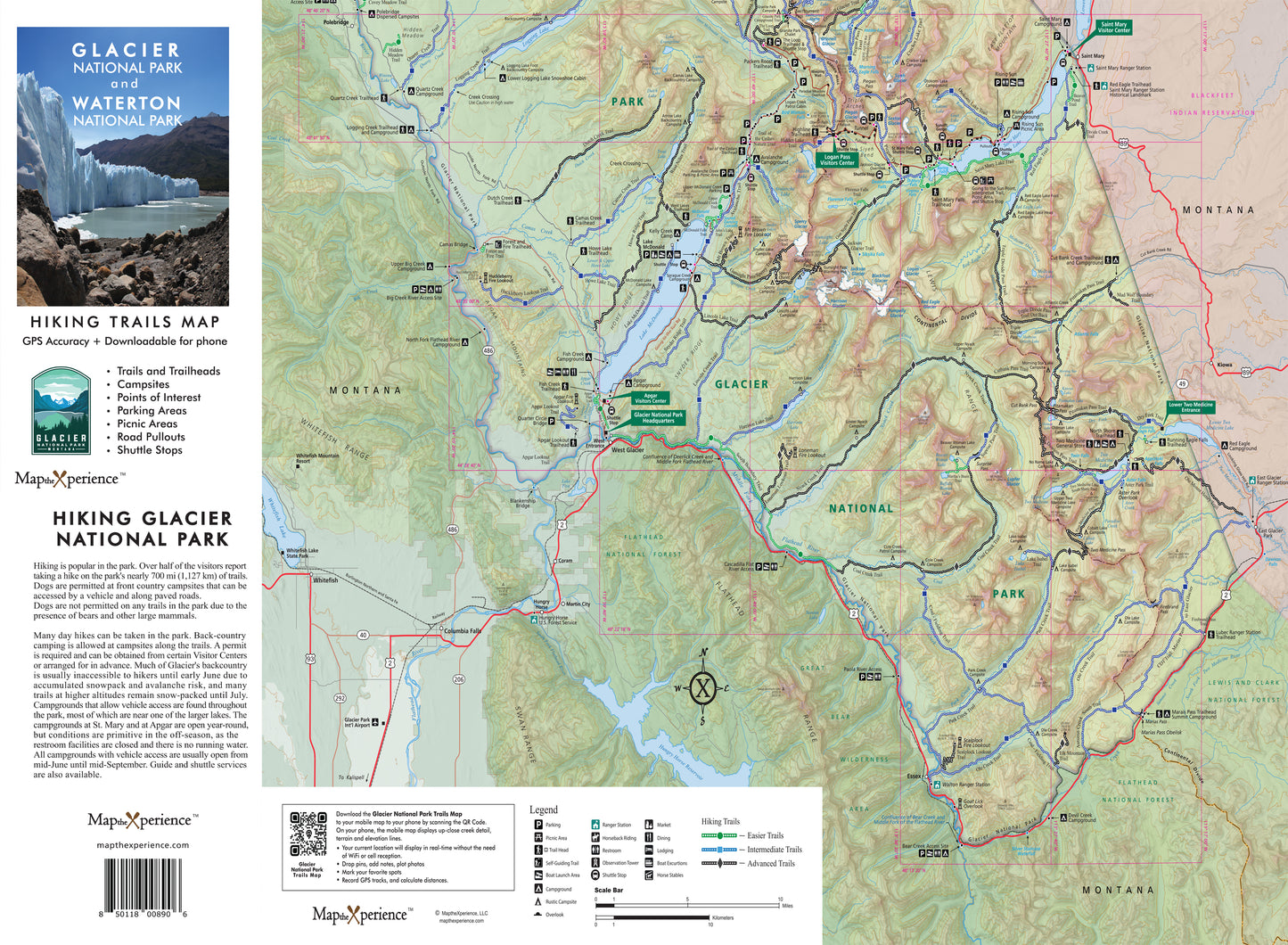 Detailed map of Glacier National Park hiking trails, showcasing paths, points of interest, and campgrounds with topographic features for outdoor navigation. Ideal for hikers seeking a comprehensive guide to explore Montana's rugged terrain.