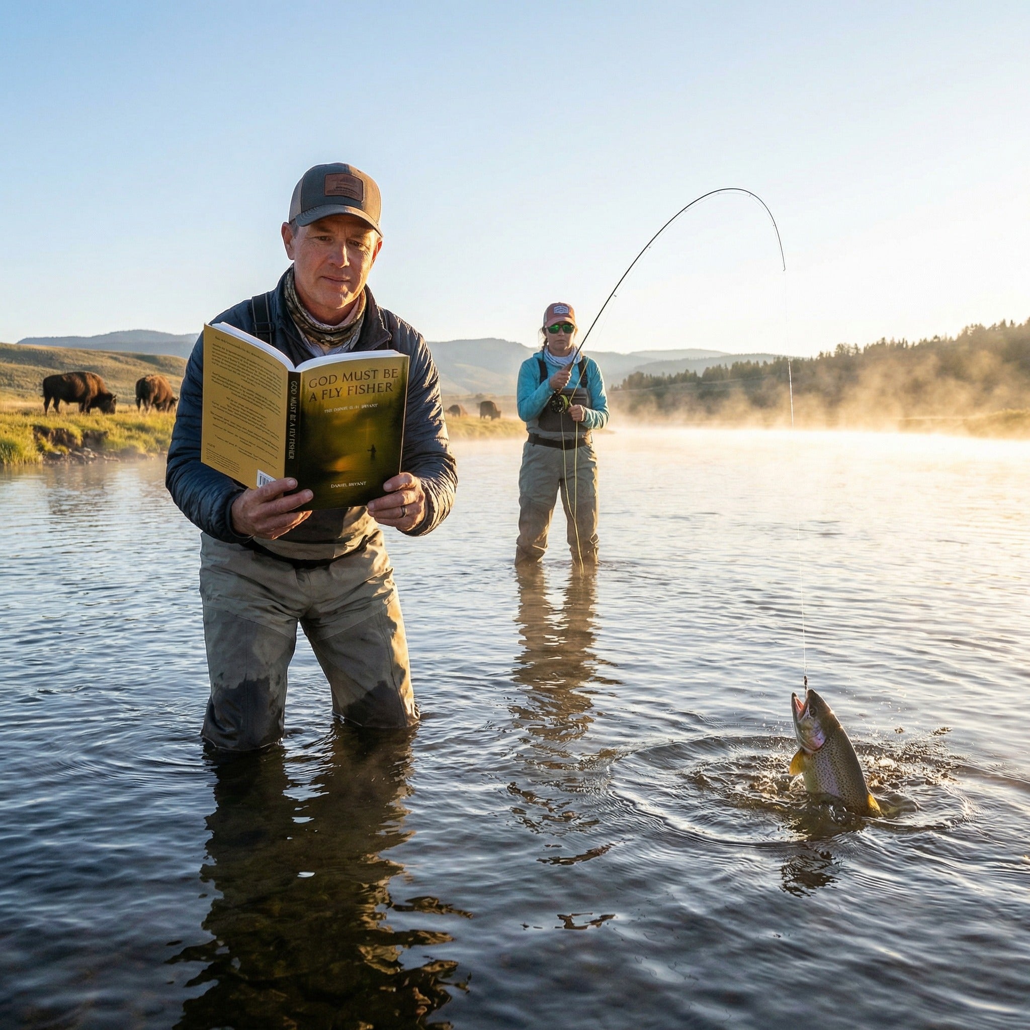 Two men fishing in a lake with one reading a book and the other reeling in a fish.
