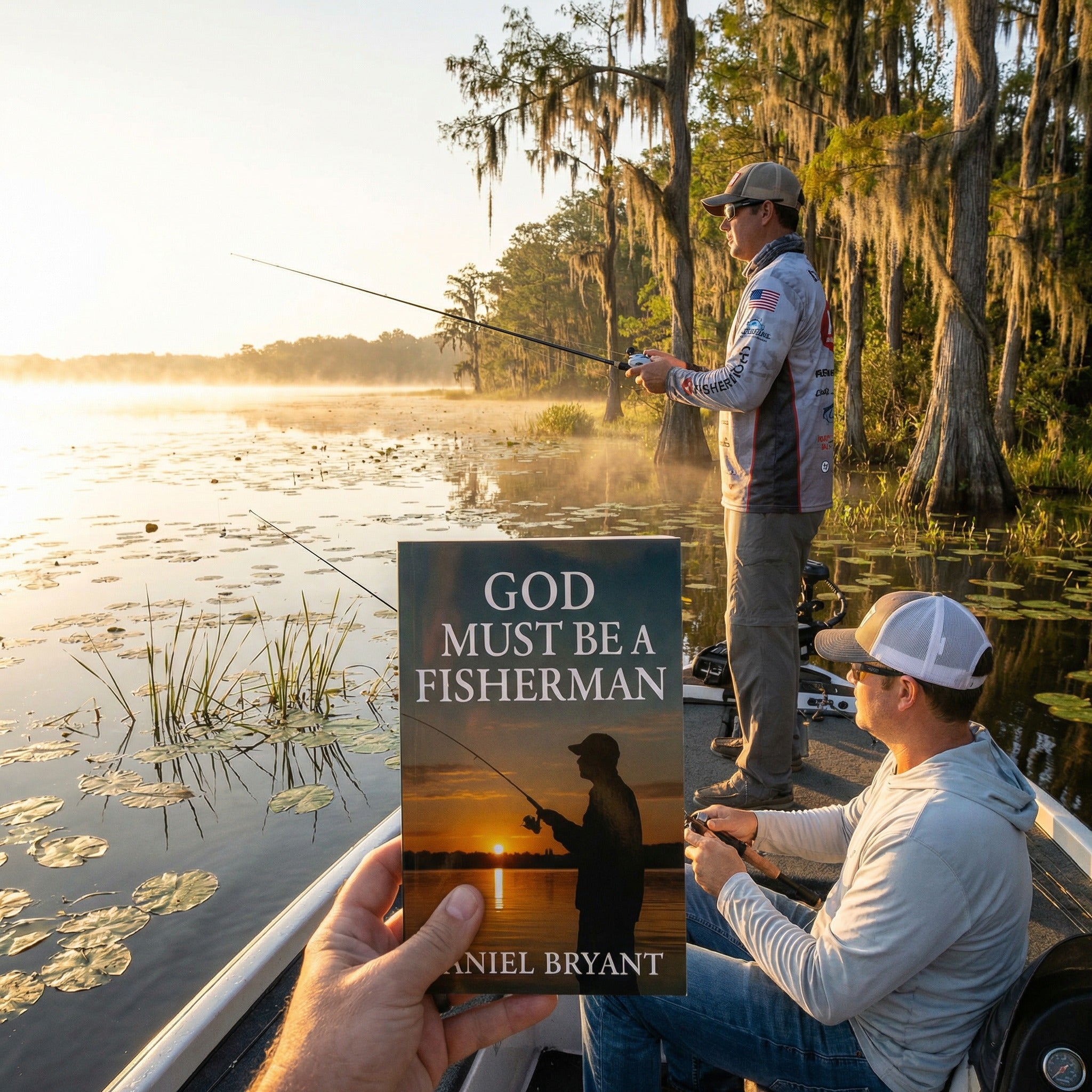 Two men fishing on a lake with a book titled 'God Must Be a Fisherman' held by a person.