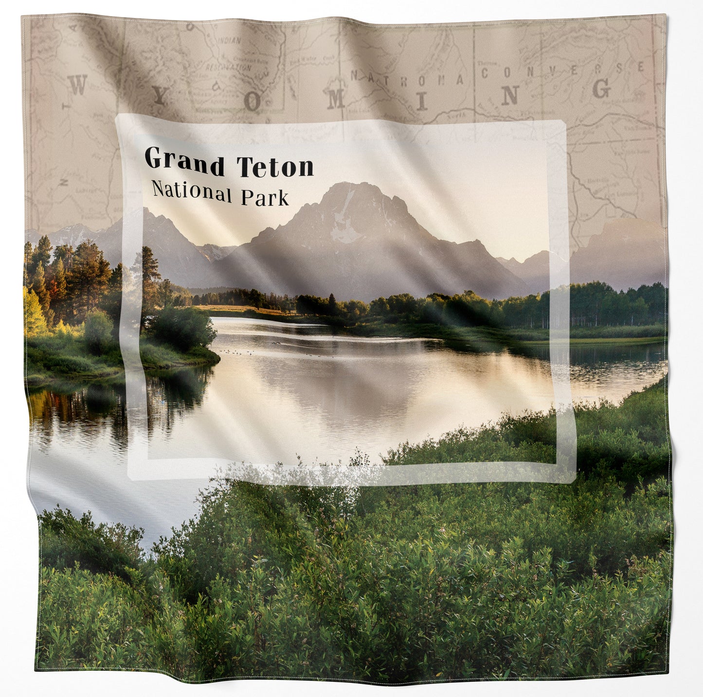 Tranquil sunrise at Grand Teton National Park, with serene river reflections and lush greenery contrasted on an artistic map background. Ideal for travel and nature enthusiasts.