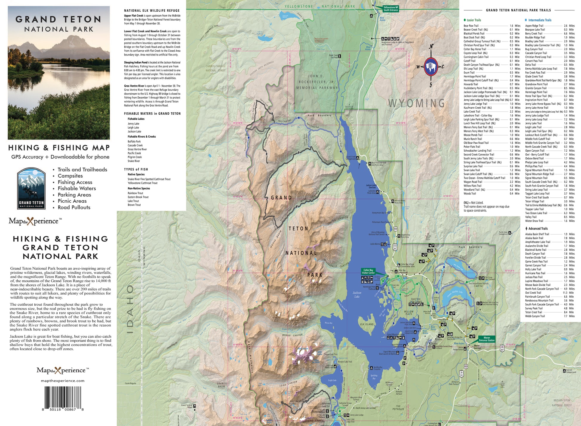 Detailed map of Grand Teton National Park highlighting hiking trails, fishing spots, and campsite locations, perfect for outdoor navigation and planning adventures in Wyoming's majestic landscapes.