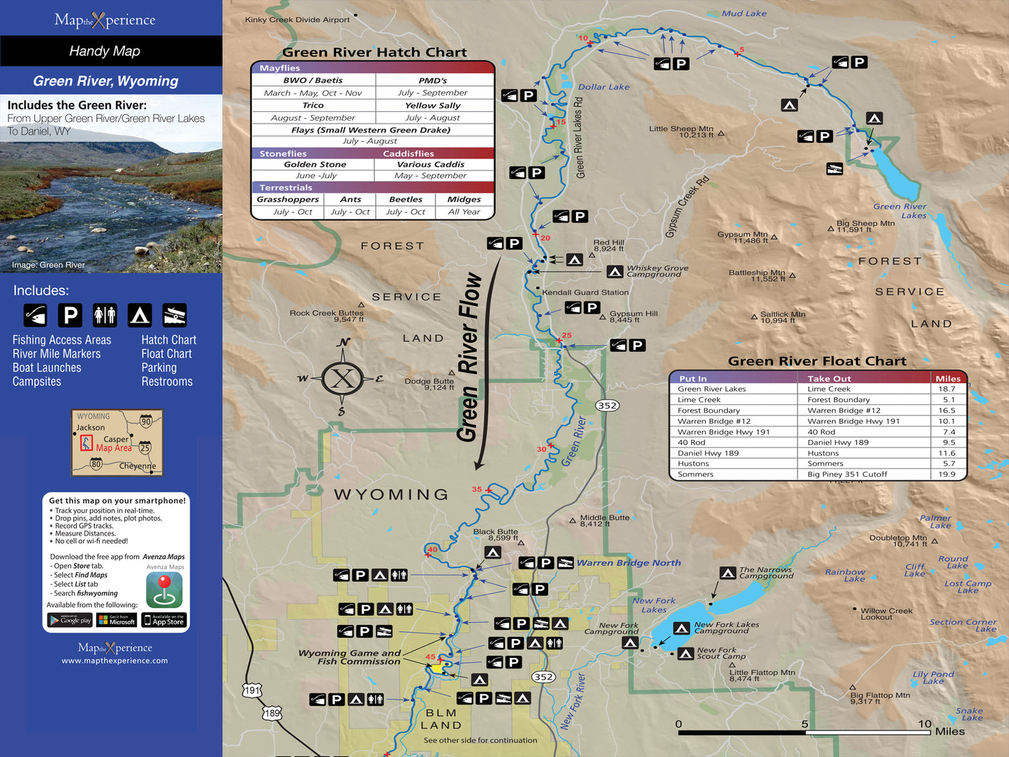 "Comprehensive map of Green River, Wyoming highlighting fishing access points, hatch and float charts, and facilities like parking and restrooms for optimal outdoor navigation and fishing experience."