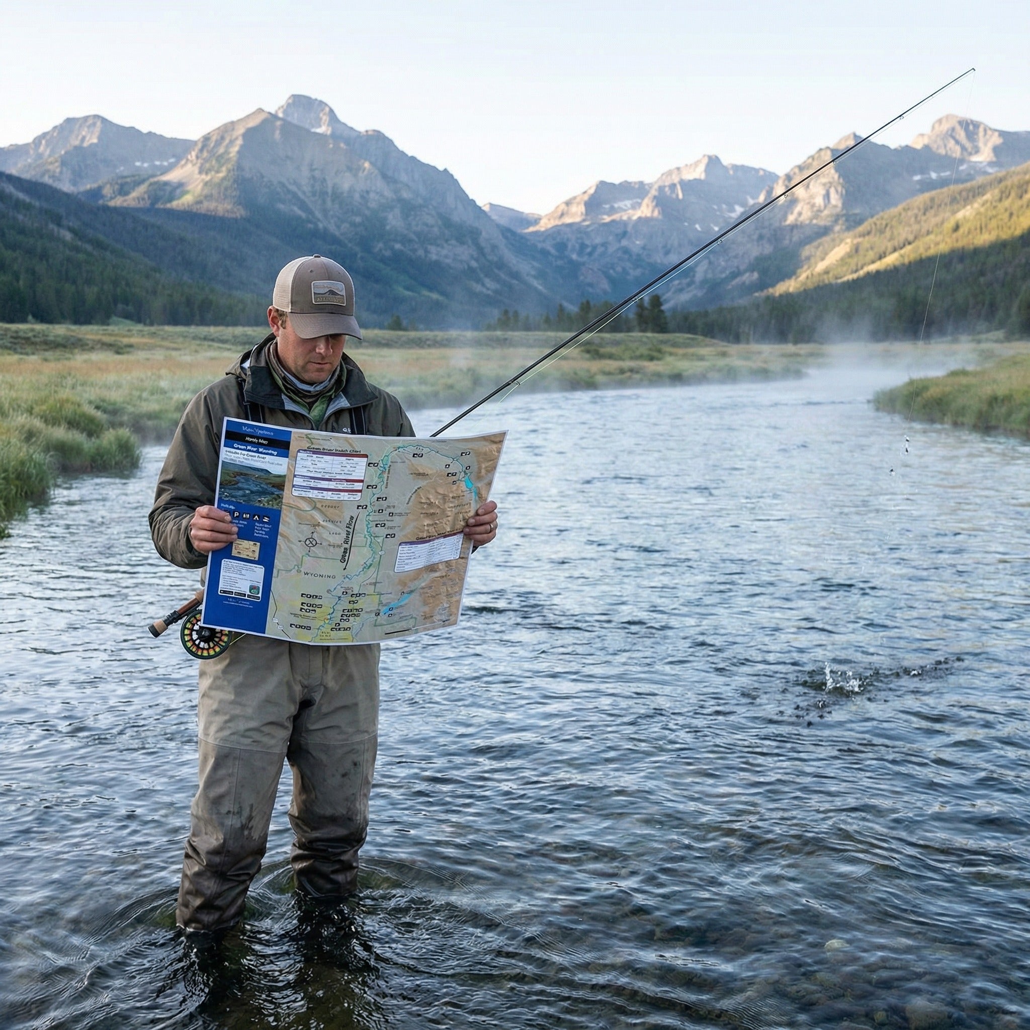 Man fishing in a mountainous area holding a map