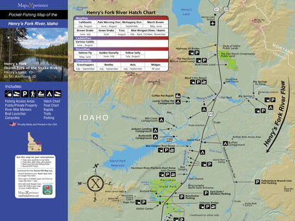 Illustration of Henry's Fork River, Idaho Pocket Fishing Map, displaying detailed fishing zones, access points, boat launches, campgrounds, and hatch chart information with labels and legends for a comprehensive guide to the river area.