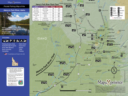 Foldable Pocket Fishing Map of Henry's Fork River, Idaho, showing detailed geographical layout with legend for fishing access areas, public/private lands, boat launches, campsites, trails, and amenities. Includes hatch and float charts with GPS accurate data, compatible with Avenza Map App for offline navigation and photo tagging.