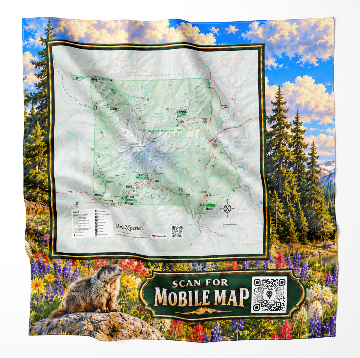 Mount Rainier National Park – Microfiber Map Cloth Bandana