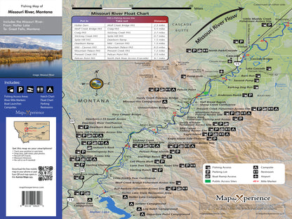 ALT text: "Missouri River Pocket Fishing Map featuring detailed stretches of the Missouri River in Montana, with marked fishing access points, boat ramps, and amenities such as campgrounds and picnic areas, alongside a float chart, hatch chart, and symbols key for comprehensive navigation."