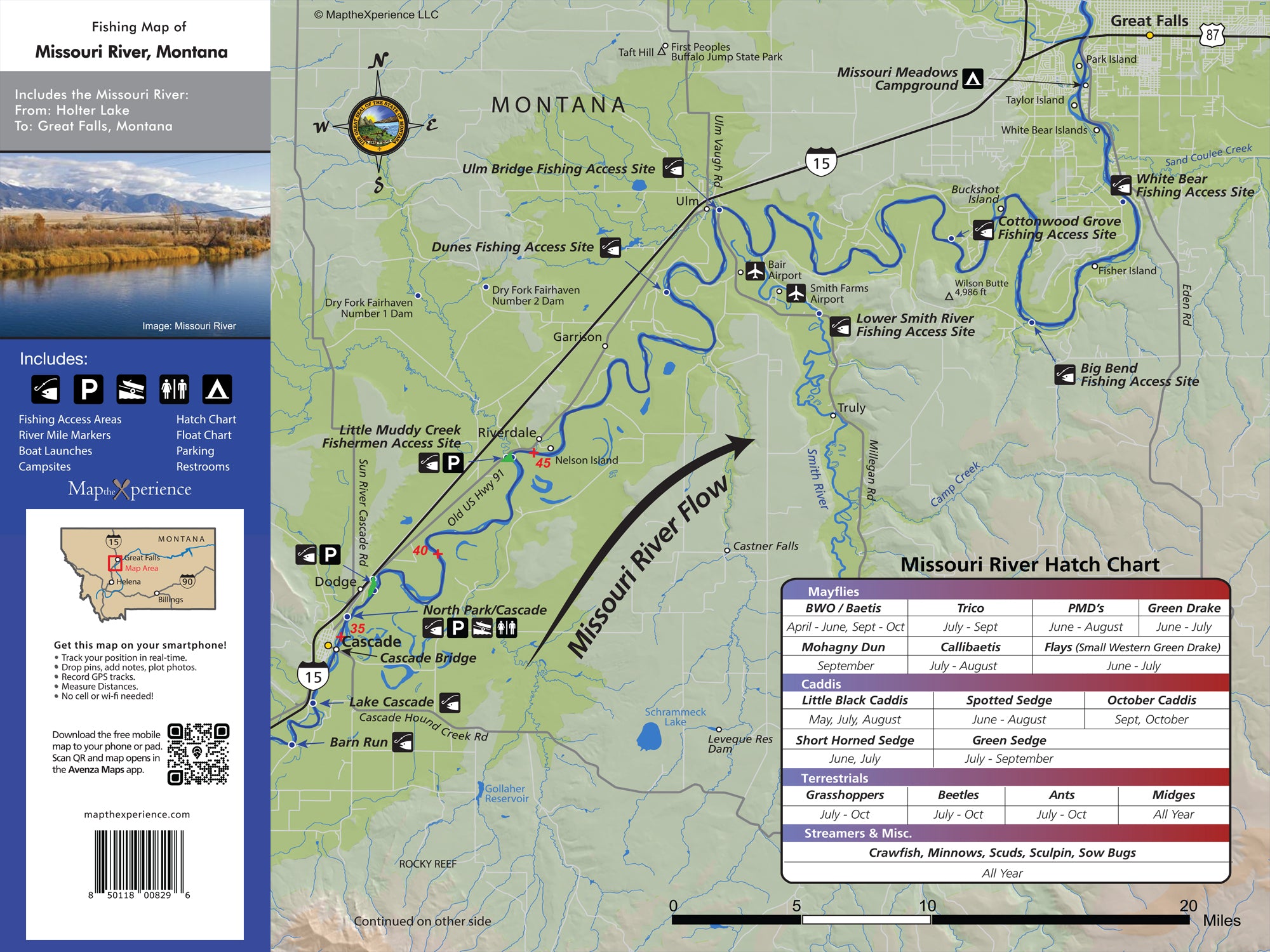 Detailed Missouri River, Montana Pocket Fishing Map featuring GPS-accurate fishing access points, hatch chart, river mileage, amenities, and flow direction for anglers.