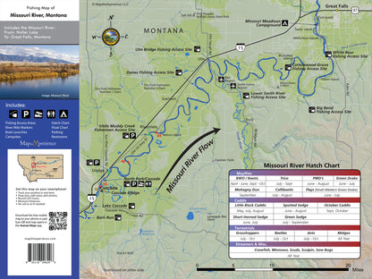 Detailed Missouri River, Montana Pocket Fishing Map featuring GPS-accurate fishing access points, hatch chart, river mileage, amenities, and flow direction for anglers.