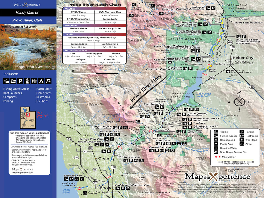 A detailed map of the Provo River in Utah, highlighting fishing access points, marked with pins and labels, on a background of a river landscape.