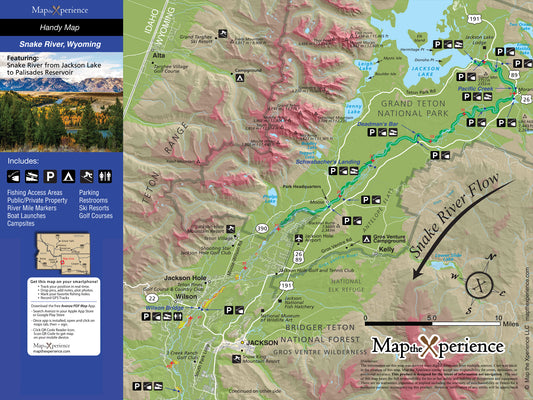 Detailed map showcasing Snake River, Wyoming, highlighting fishing areas, parks, and amenities. Ideal for outdoor enthusiasts and travelers. Explore Grand Teton National Park and local landmarks with ease.