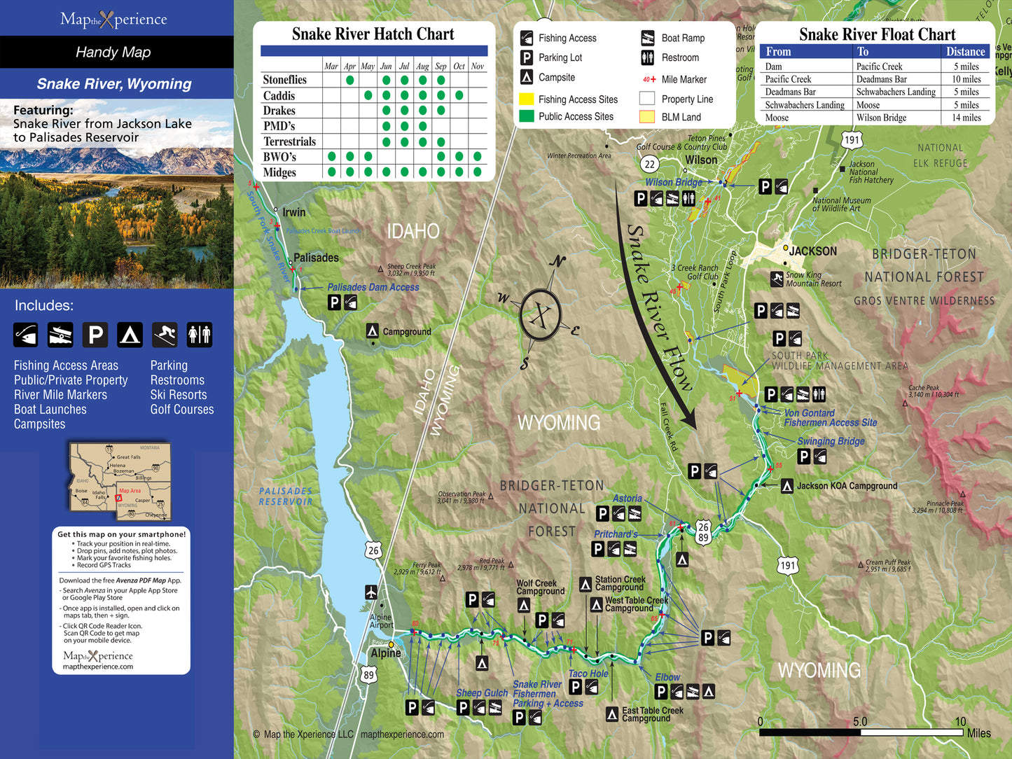 "Comprehensive map of Snake River, Wyoming, highlighting fishing areas, ramps, camping sites, with a hatch chart for anglers. Ideal for outdoor navigation and fishing trip planning."