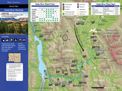 "Comprehensive map of Snake River, Wyoming, highlighting fishing areas, ramps, camping sites, with a hatch chart for anglers. Ideal for outdoor navigation and fishing trip planning."