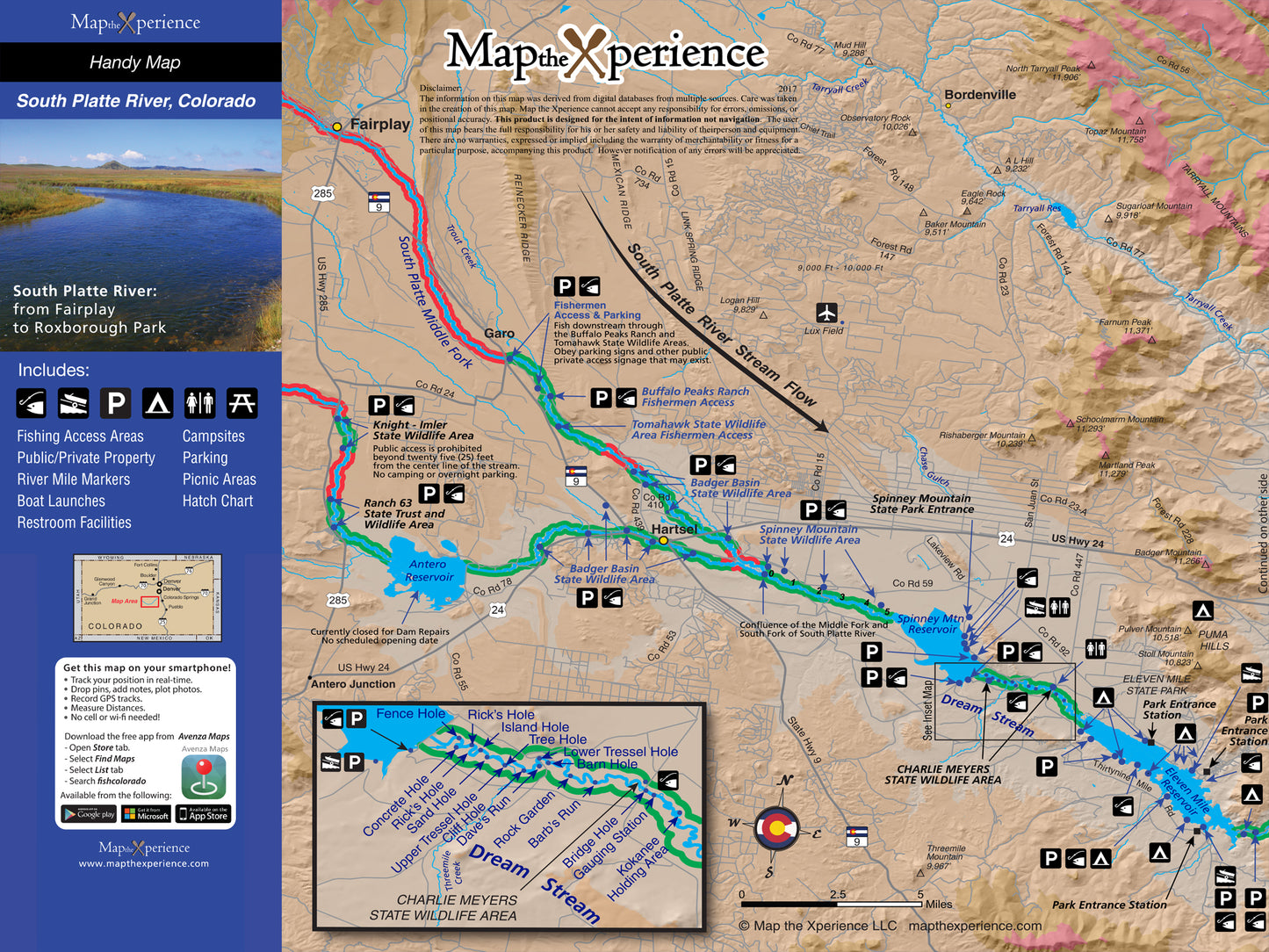 "South Platte River, Colorado Pocket Fishing Map displayed with detailed features including fishing access areas, campsites, parking, picnic areas, restrooms, and insect hatch chart. Offers comprehensive coverage from Fairplay to Roxborough Park enhanced with GPS accuracy and offline access through the Avenza Map App."