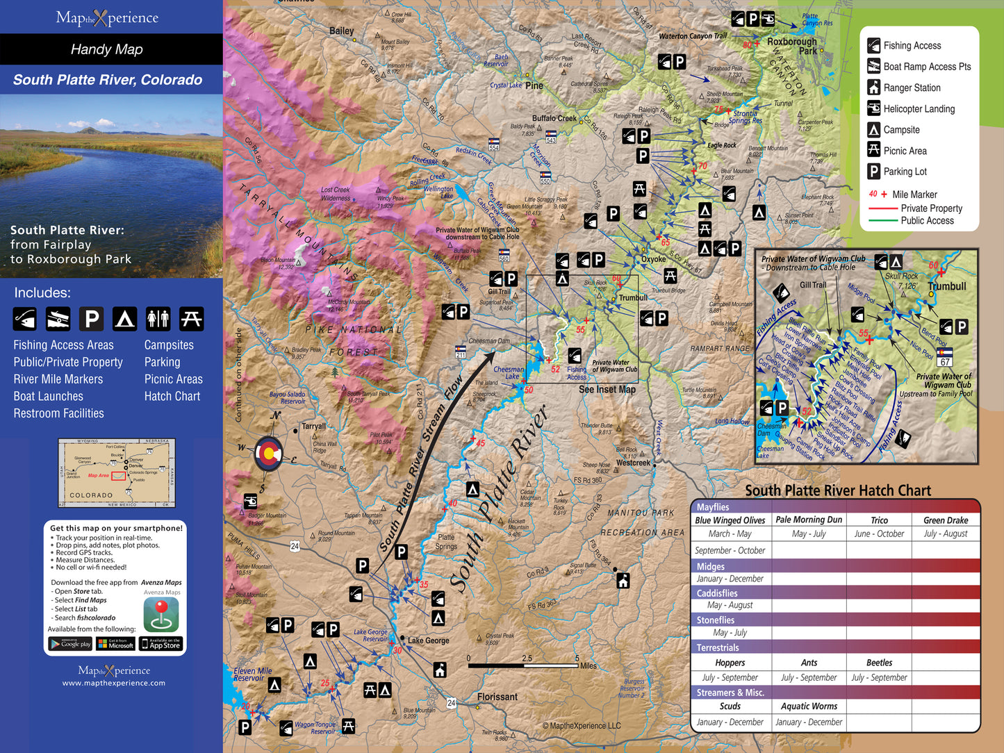 Detailed pocket-sized fishing map of the South Platte River, Colorado with GPS accuracy, hatch chart, and amenities.