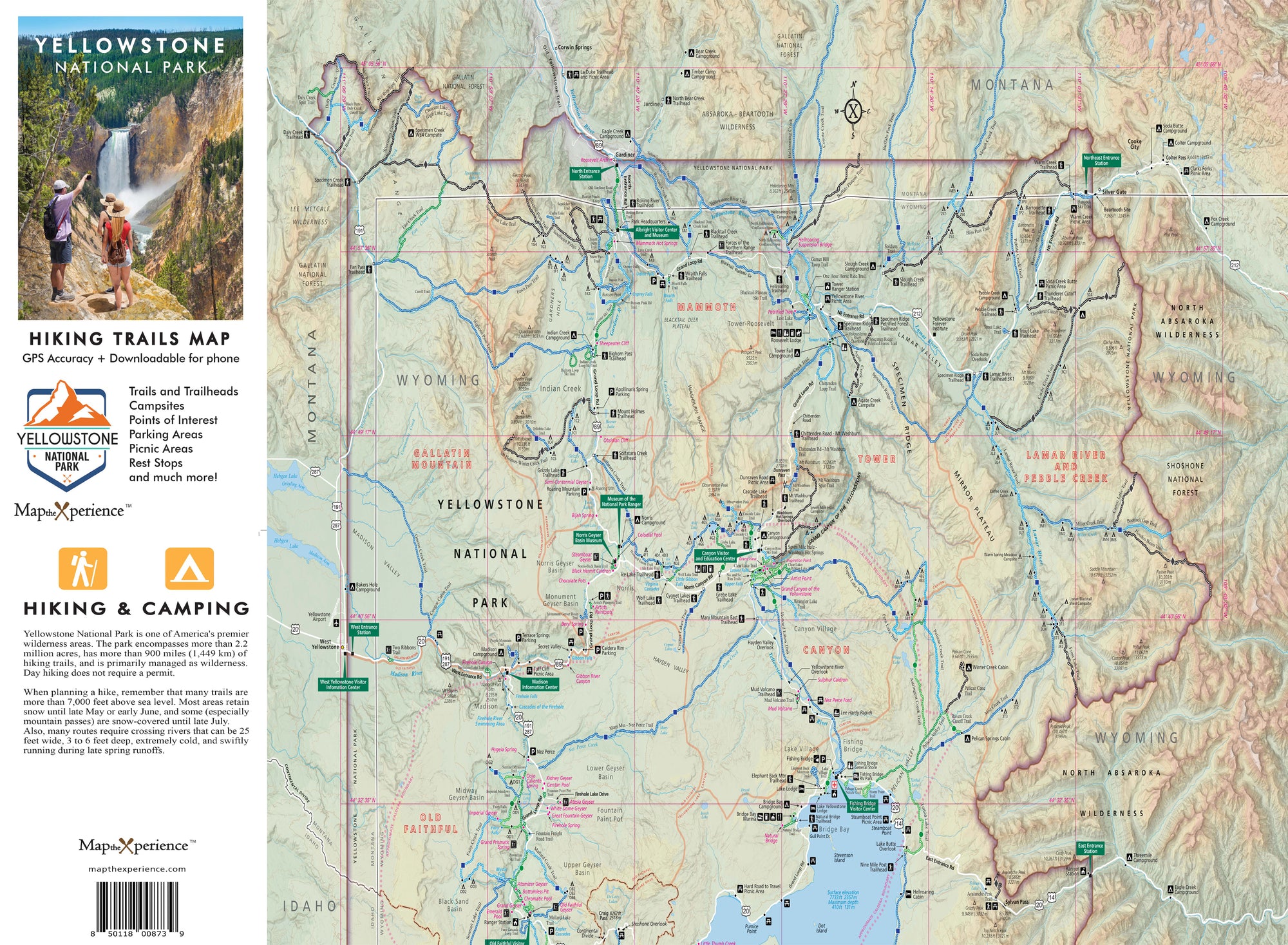 Detailed Yellowstone National Park trail map featuring hiking routes, points of interest, and campsites, perfect for outdoor enthusiasts planning a visit. (114 characters)