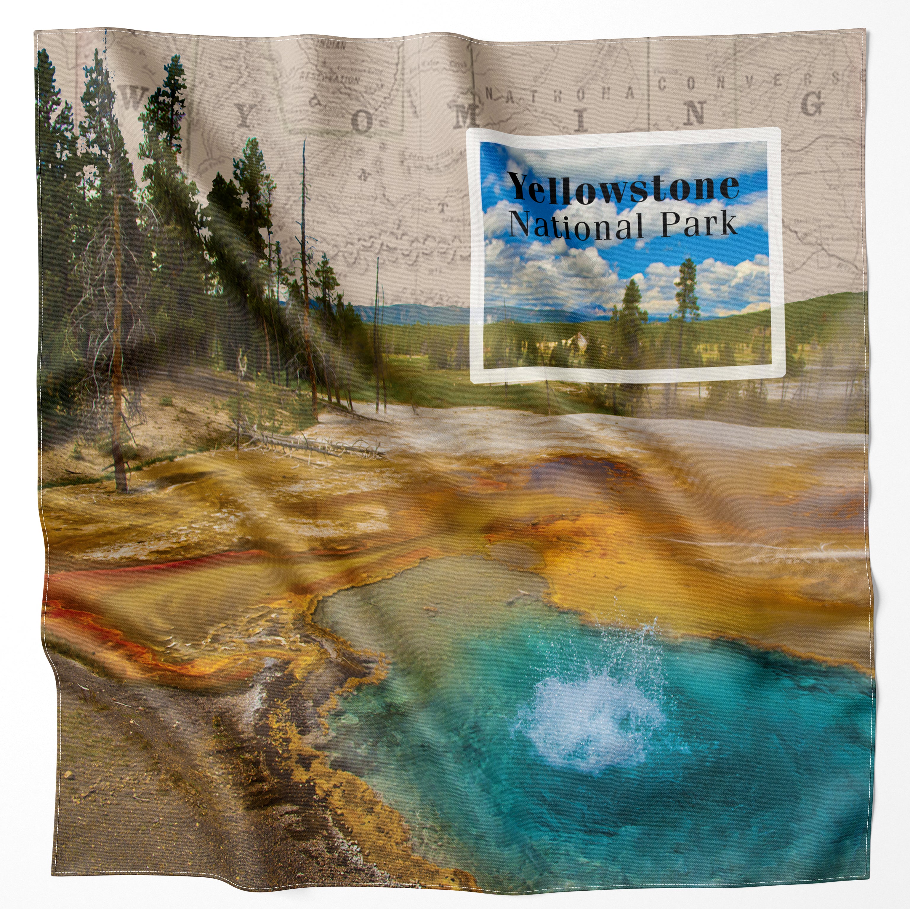 A vibrant Yellowstone National Park souvenir blanket featuring iconic geothermal features with a map background, highlighting the park's diverse landscapes. Perfect for nature enthusiasts and collectors.