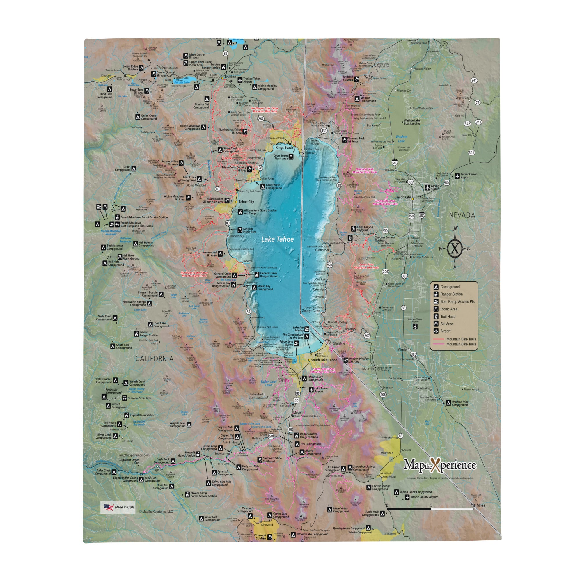 Lake Tahoe Trail Map Fleece Throw Blanket